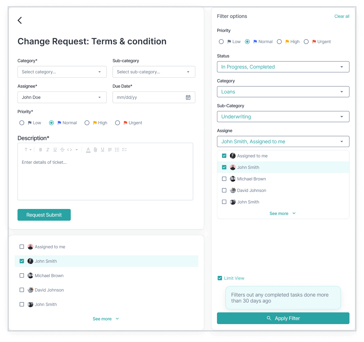 Benchmark fintech SaaS, change request form for terms and conditions with filter options