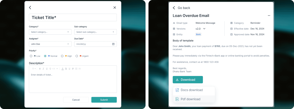 Benchmark create ticket modal and the loan overdue email template with download options