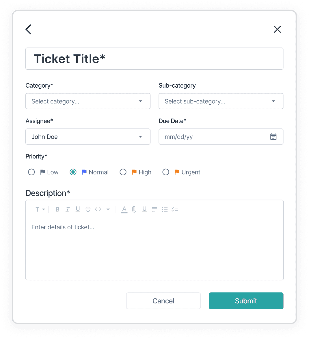Benchmark fintech SaaS, create ticket modal with title, category, assignee, priority, and description