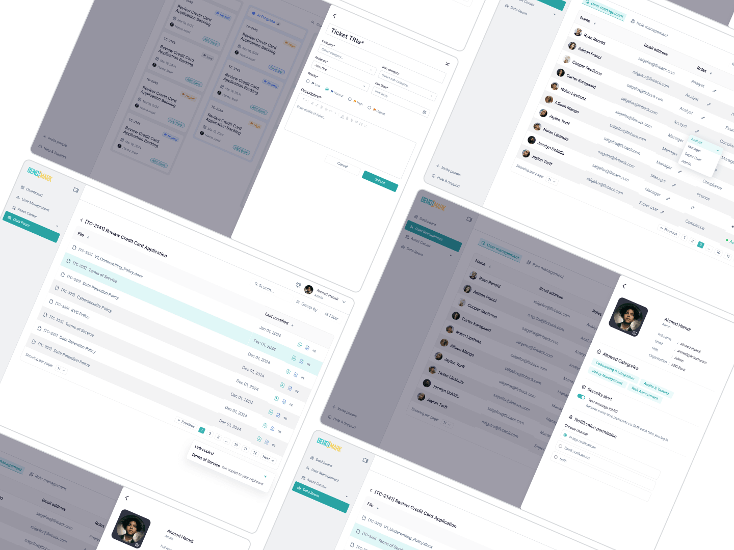 Benchmark fintech SaaS, design system screens collage