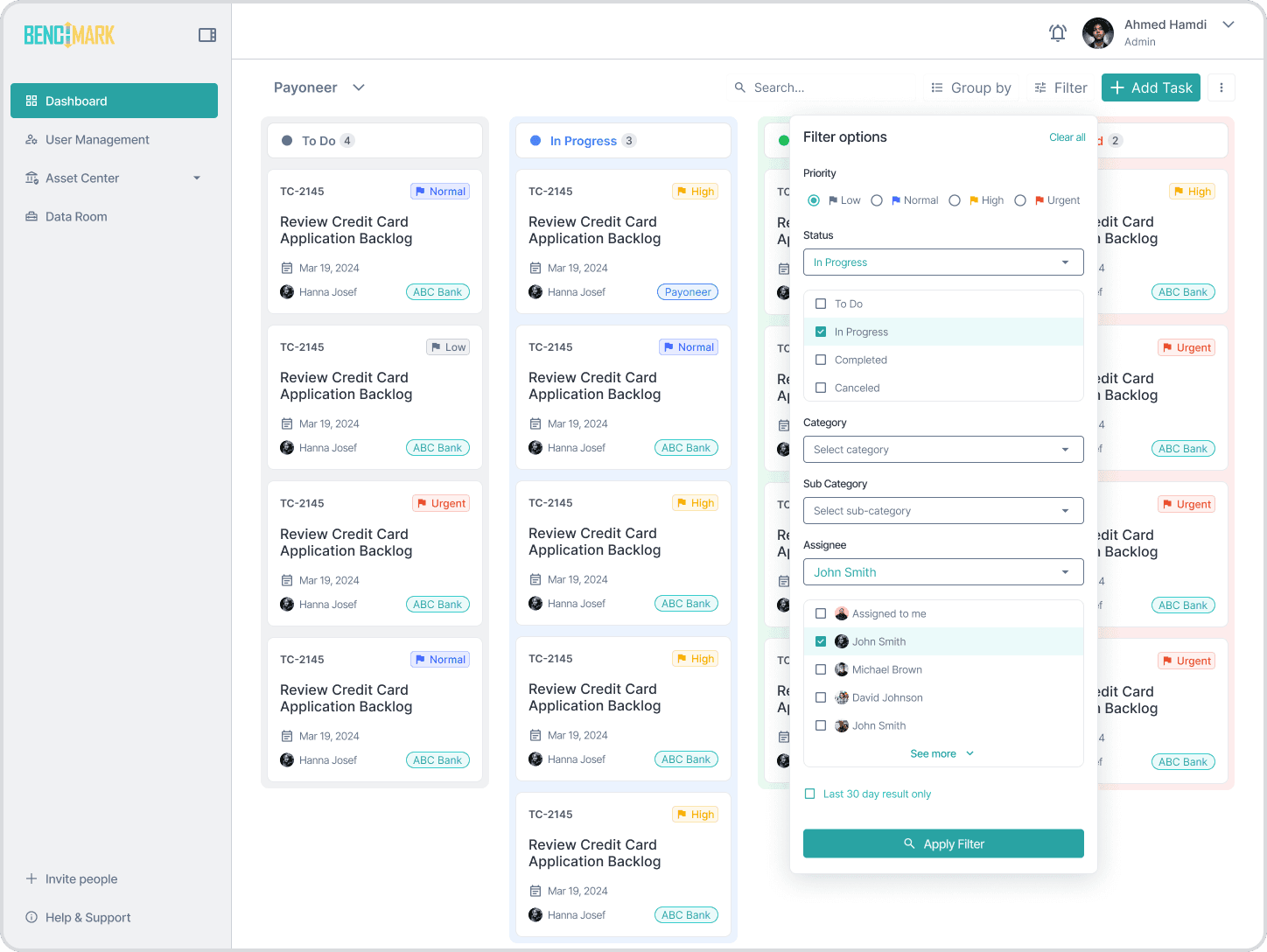 Benchmark fintech SaaS, kanban board with the filter options panel open