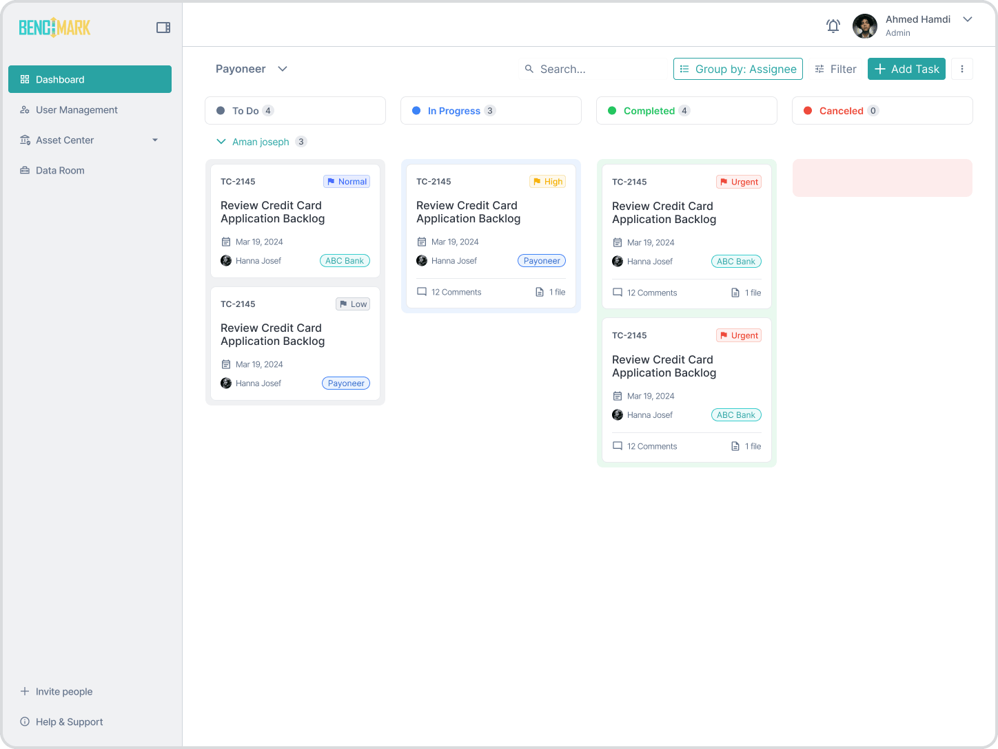 Benchmark fintech SaaS, kanban board grouped by assignee