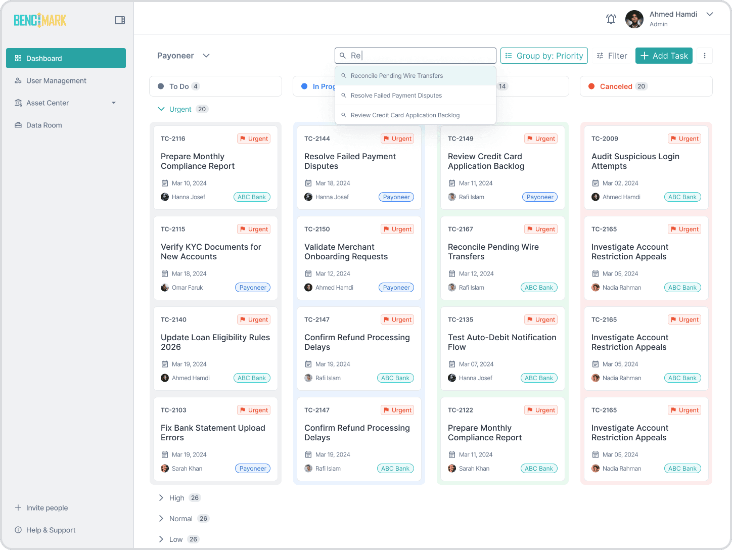 Benchmark fintech SaaS, kanban board grouped by priority