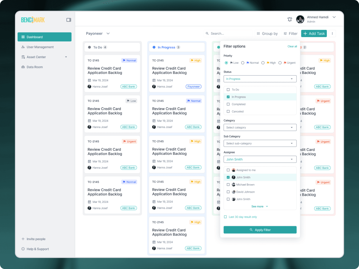 Benchmark Kanban filter panel, filtering by priority, status, category, and assignee