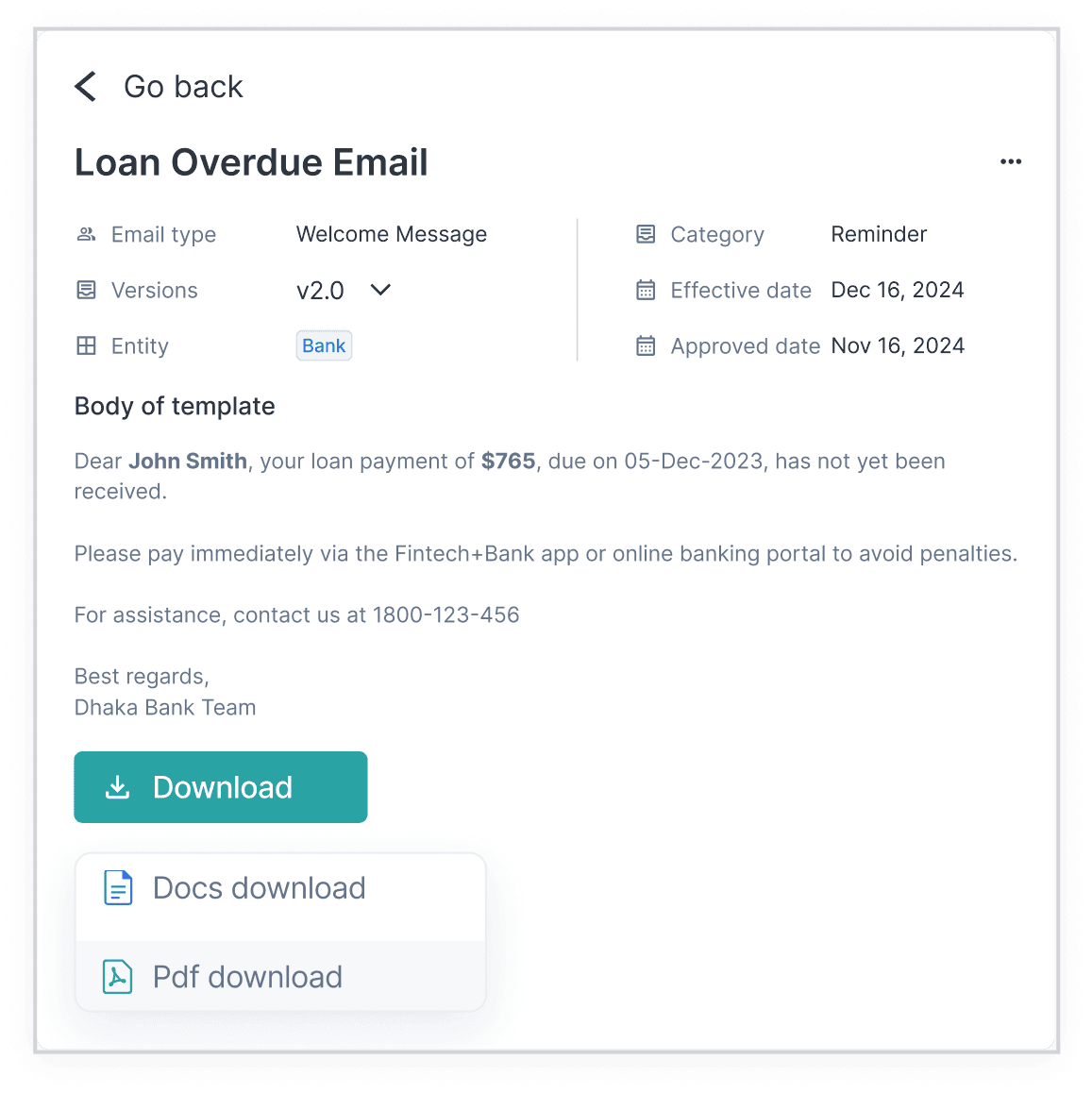 Benchmark fintech SaaS, loan overdue email template with versioning, doc and PDF download