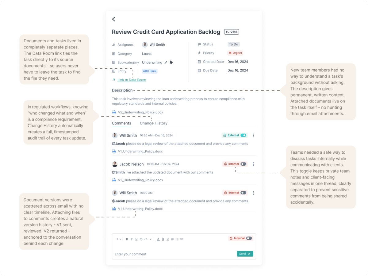 Benchmark task detail annotated walkthrough, explaining the Data Room link, change history, and internal/external comment toggle