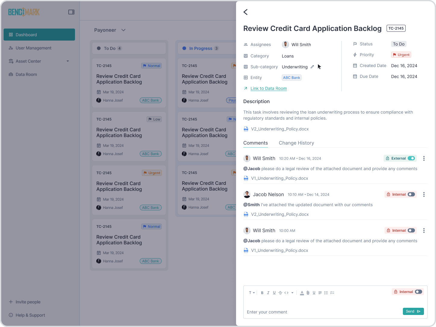 Benchmark fintech SaaS, task detail side panel with comments and change history