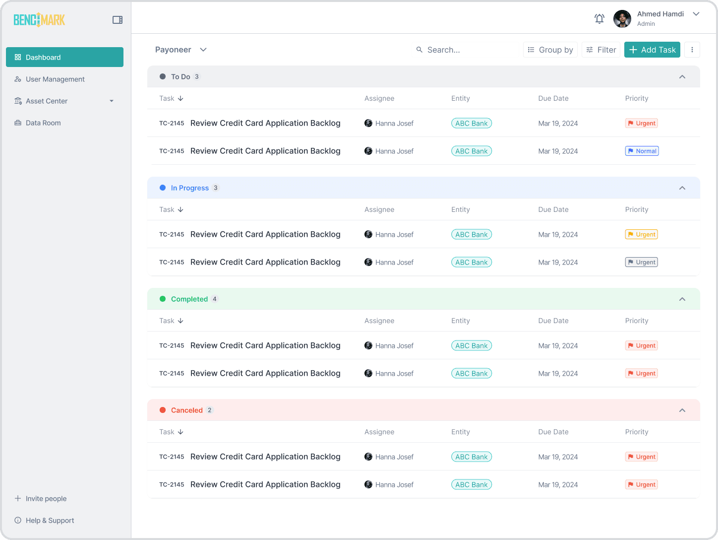 Benchmark fintech SaaS, task list table view grouped by status