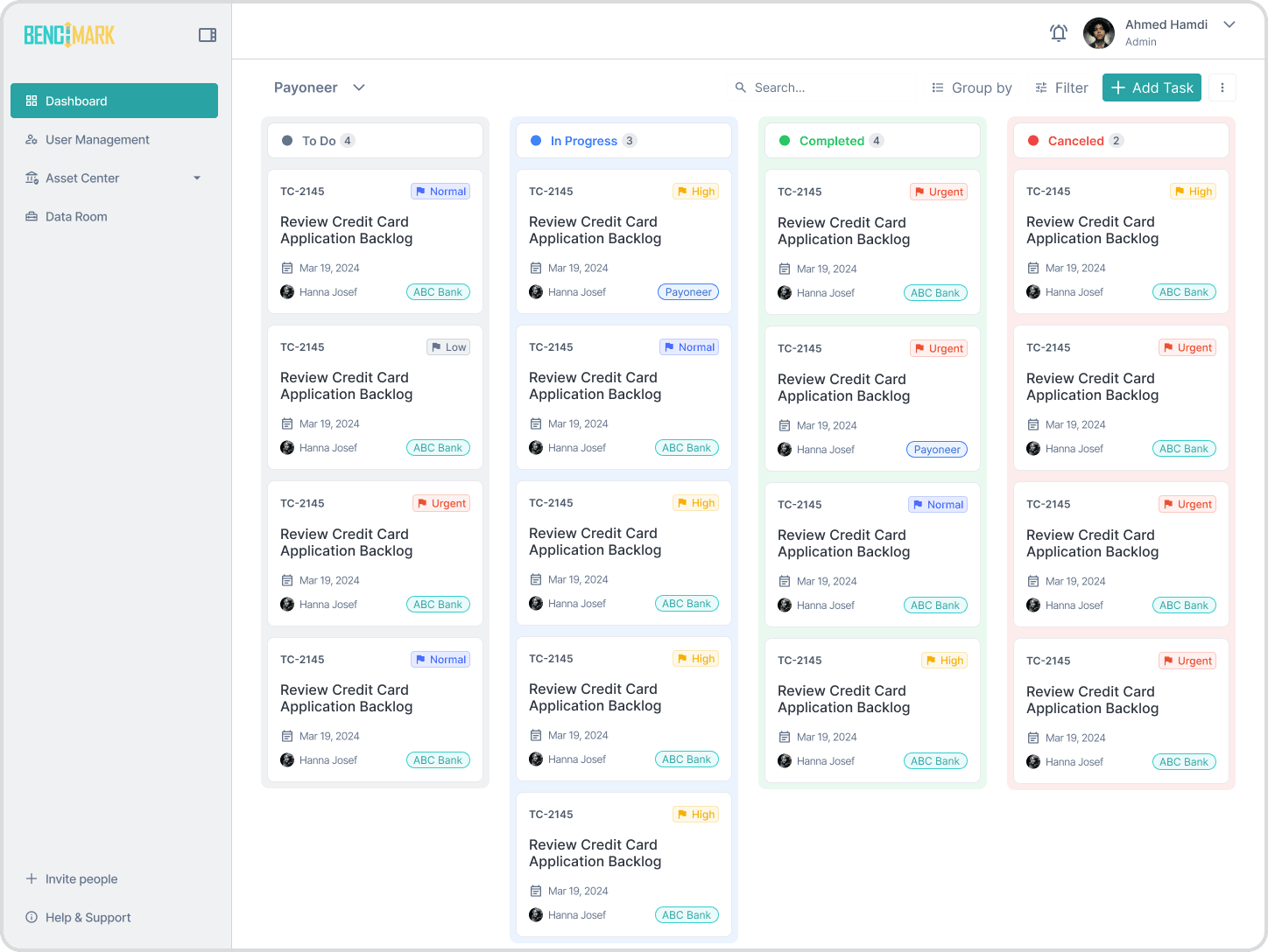 Benchmark fintech SaaS, multi-role task management Kanban dashboard for credit-card and loan operations