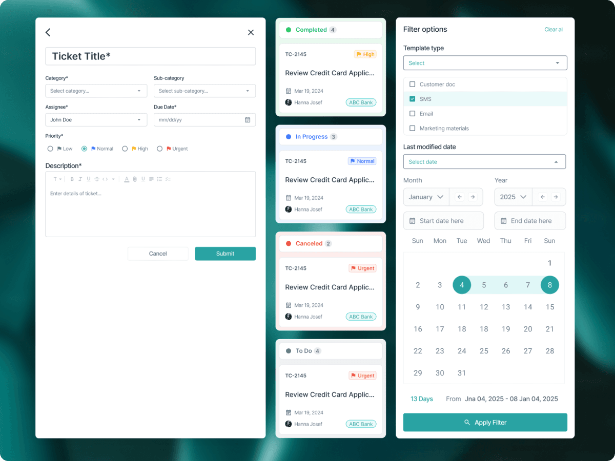 Benchmark ticket modal with status columns and the template type filter with a date range picker
