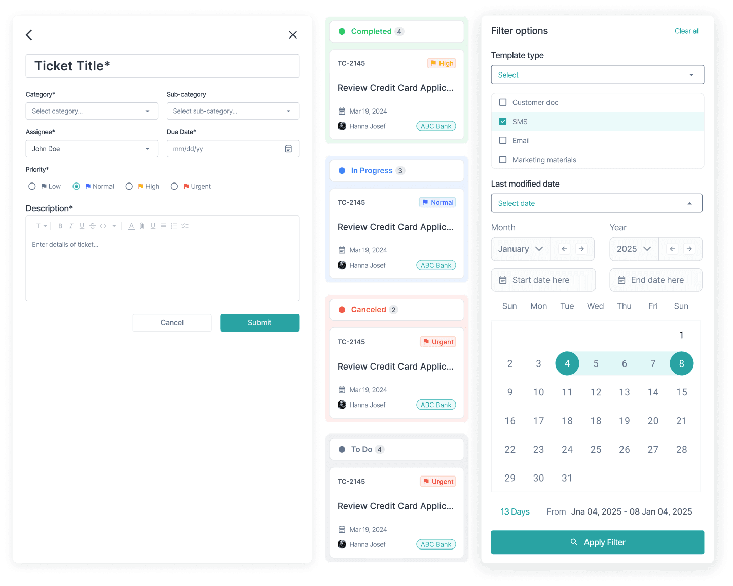 Benchmark fintech SaaS, ticket modal, task statuses, and template type filter screens