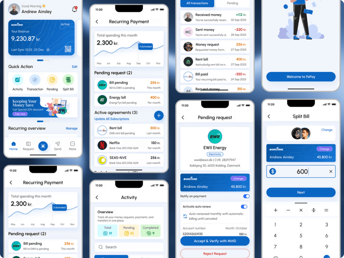 FePay design system, app screens composed from one shared component set