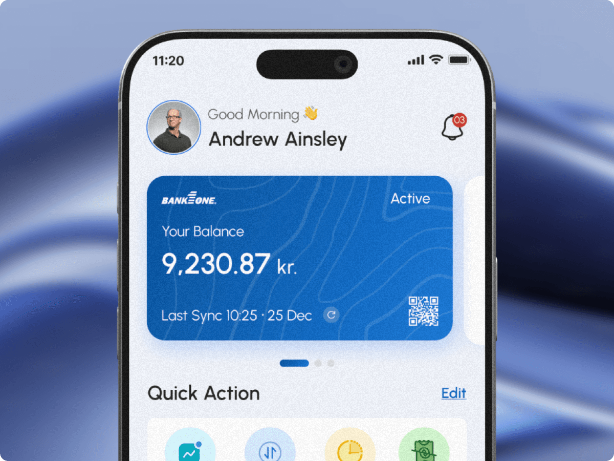 FePay home screen close-up, account balance card and quick action row