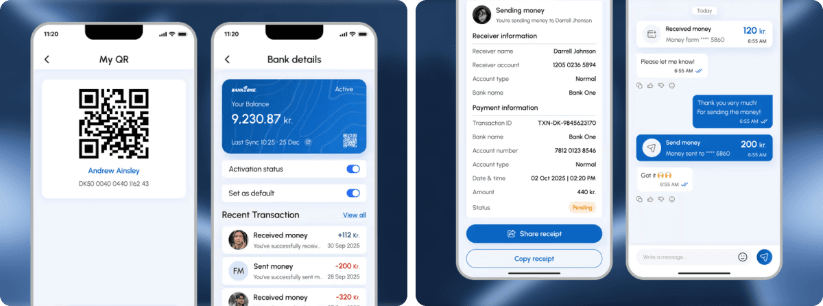 FePay personal QR code, bank account details, payment receipt, and in-app payment chat