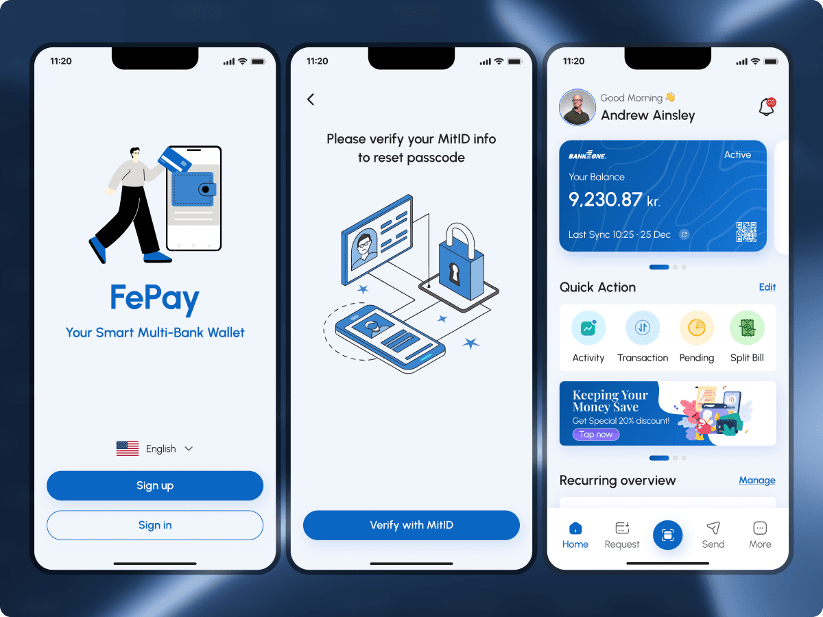 FePay onboarding sequence, sign-up, MitID verification, and the connected home dashboard
