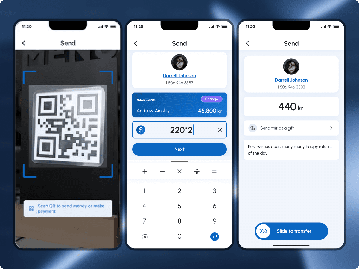 FePay QR scan to pay, send amount entry, and send-as-a-gift transfer