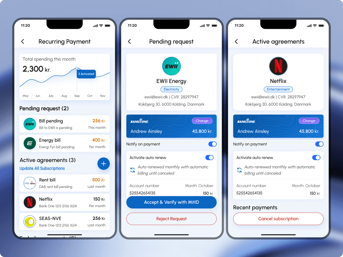 FePay recurring payments dashboard, pending request detail, and active agreement detail