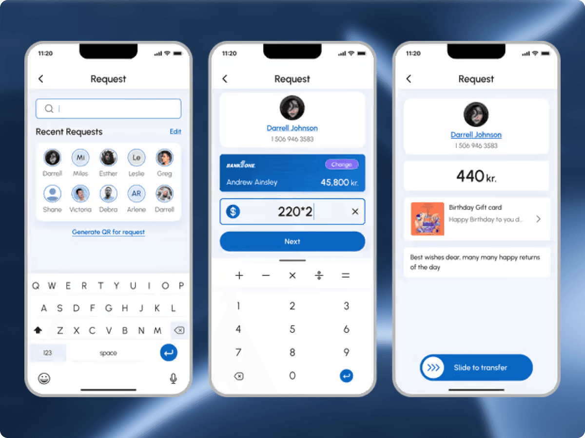 FePay request money, recent request contacts, and gift card transfer