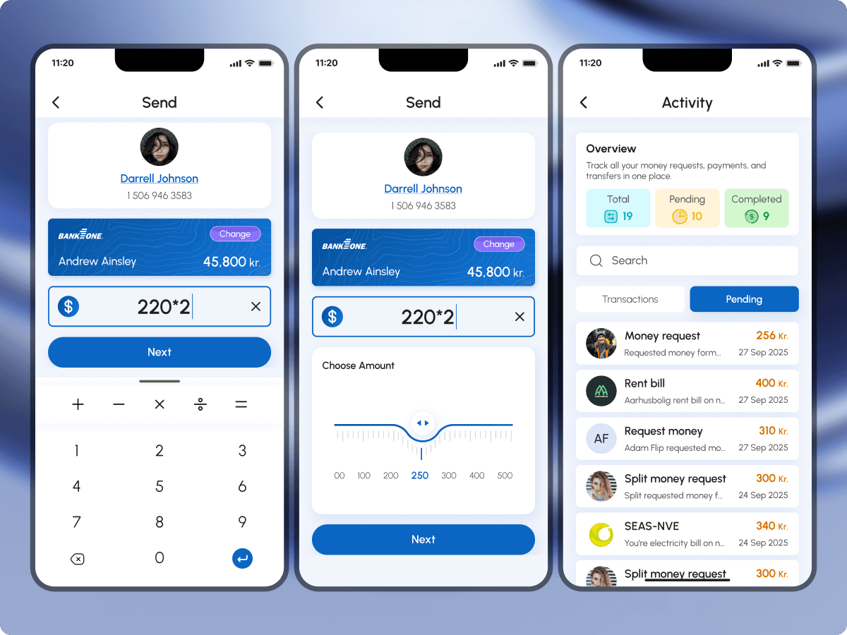 FePay send-money amount entry, amount slider, and activity overview