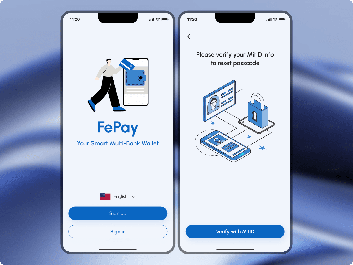 FePay sign-up screen and MitID verification screen