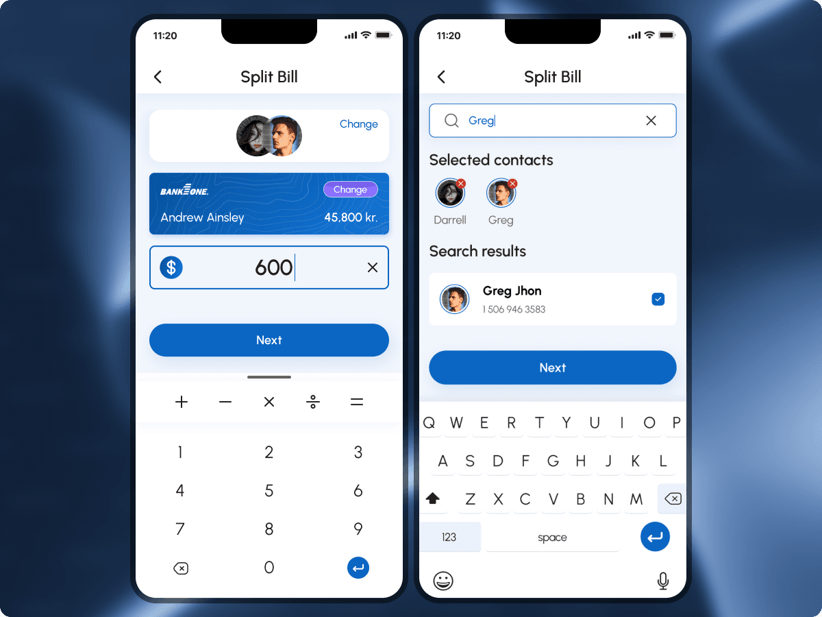FePay split bill amount entry and contact search with selected participants