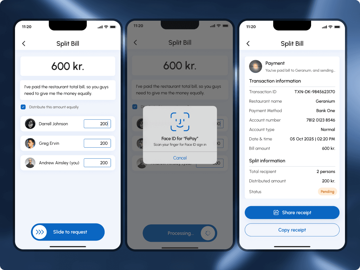 FePay split bill equal distribution, Face ID confirmation, and the resulting transaction receipt