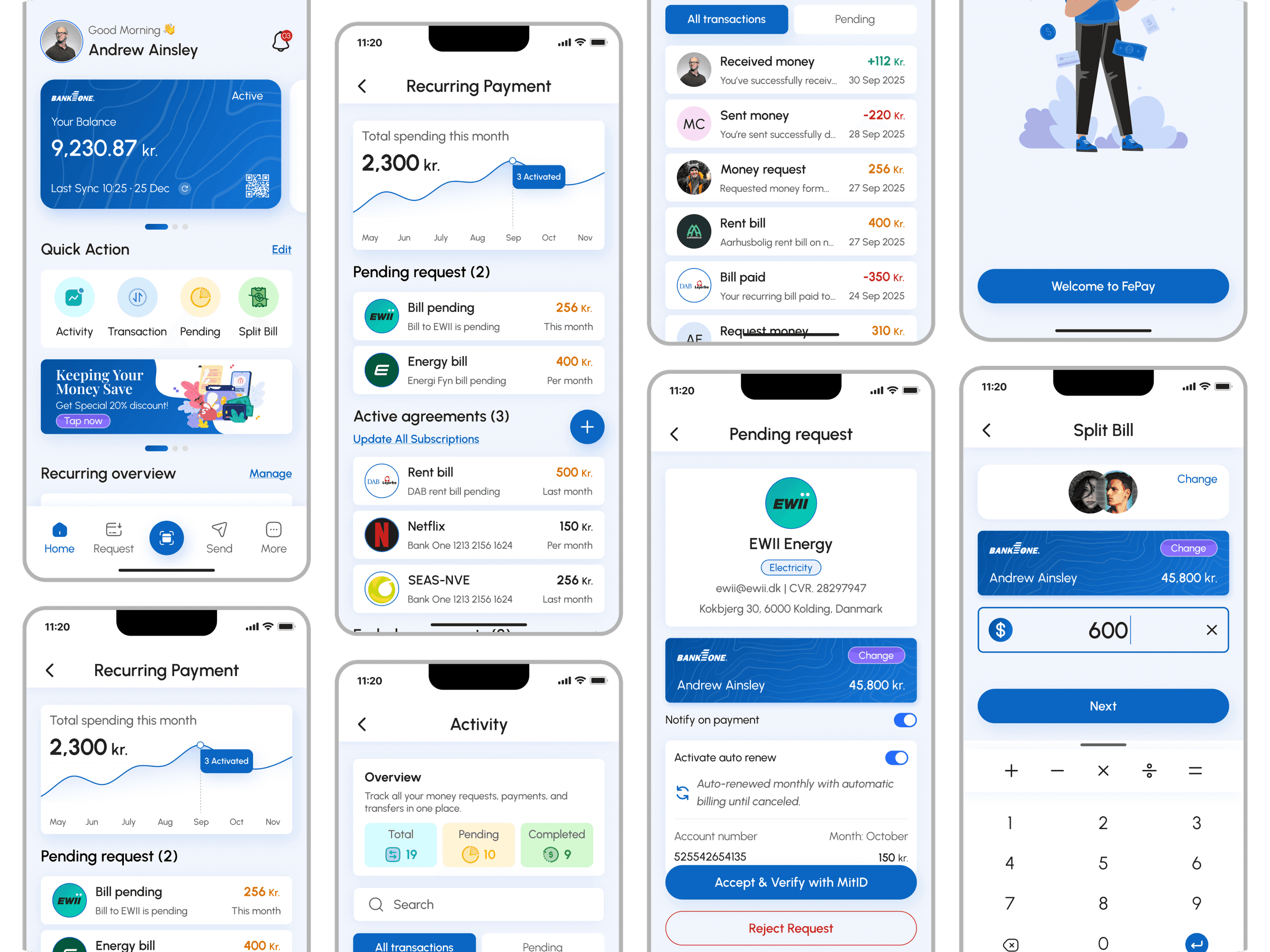 FePay multi-bank payment app, design system screens collage spanning onboarding, dashboard, send, split, recurring, and bank views