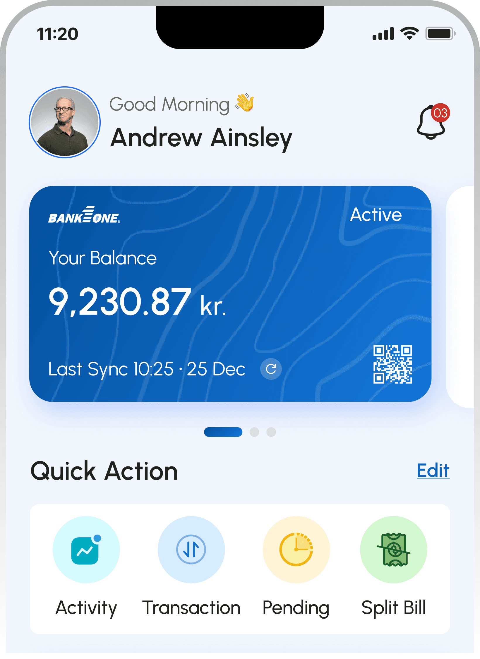 FePay multi-bank payment app, home dashboard with balance, bank card, and Quick Actions