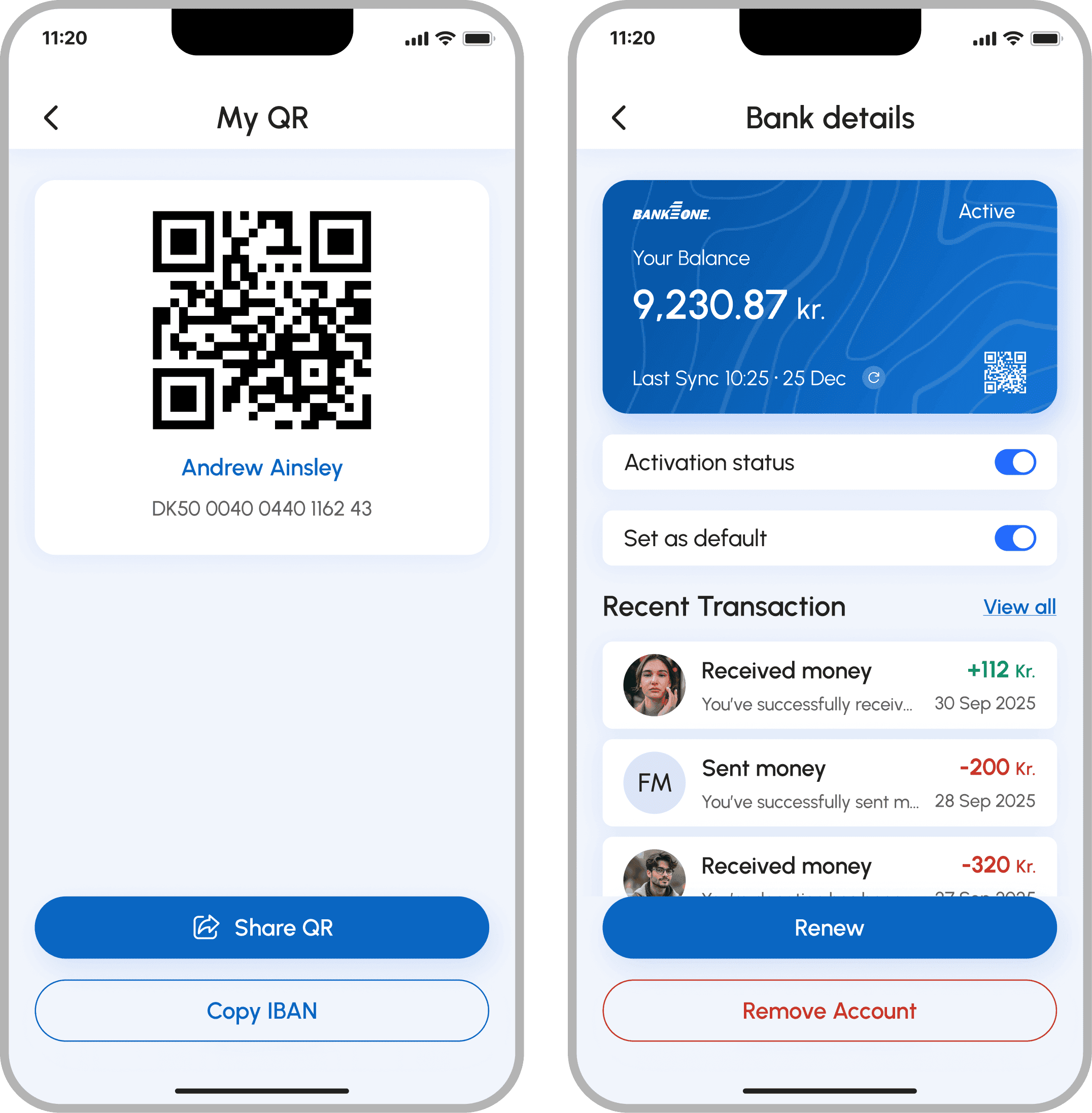 FePay multi-bank payment app, personal QR code with shareable IBAN, and bank account details with renew and remove actions