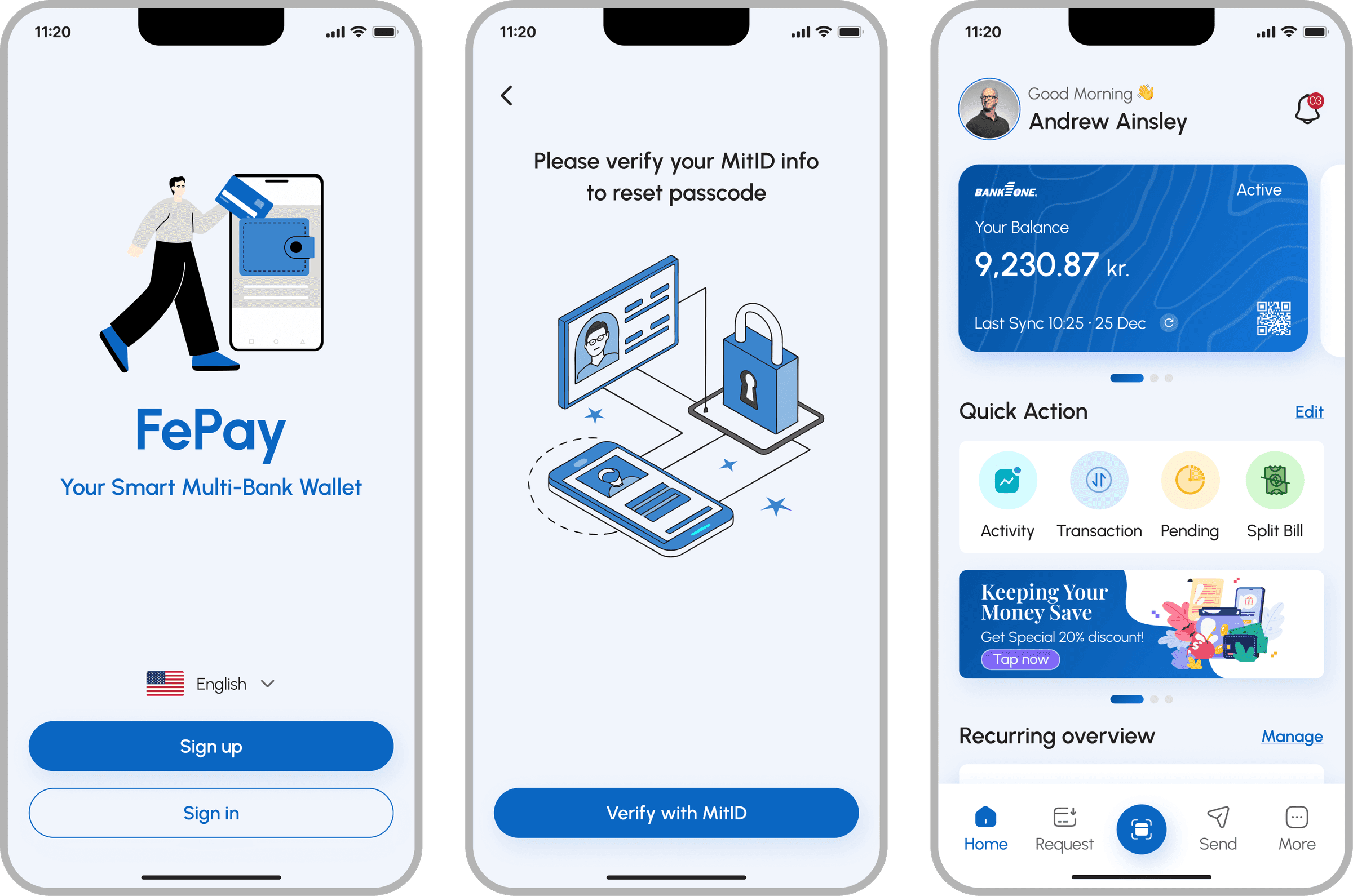 FePay multi-bank payment app, welcome, MitID verification, and dashboard cover