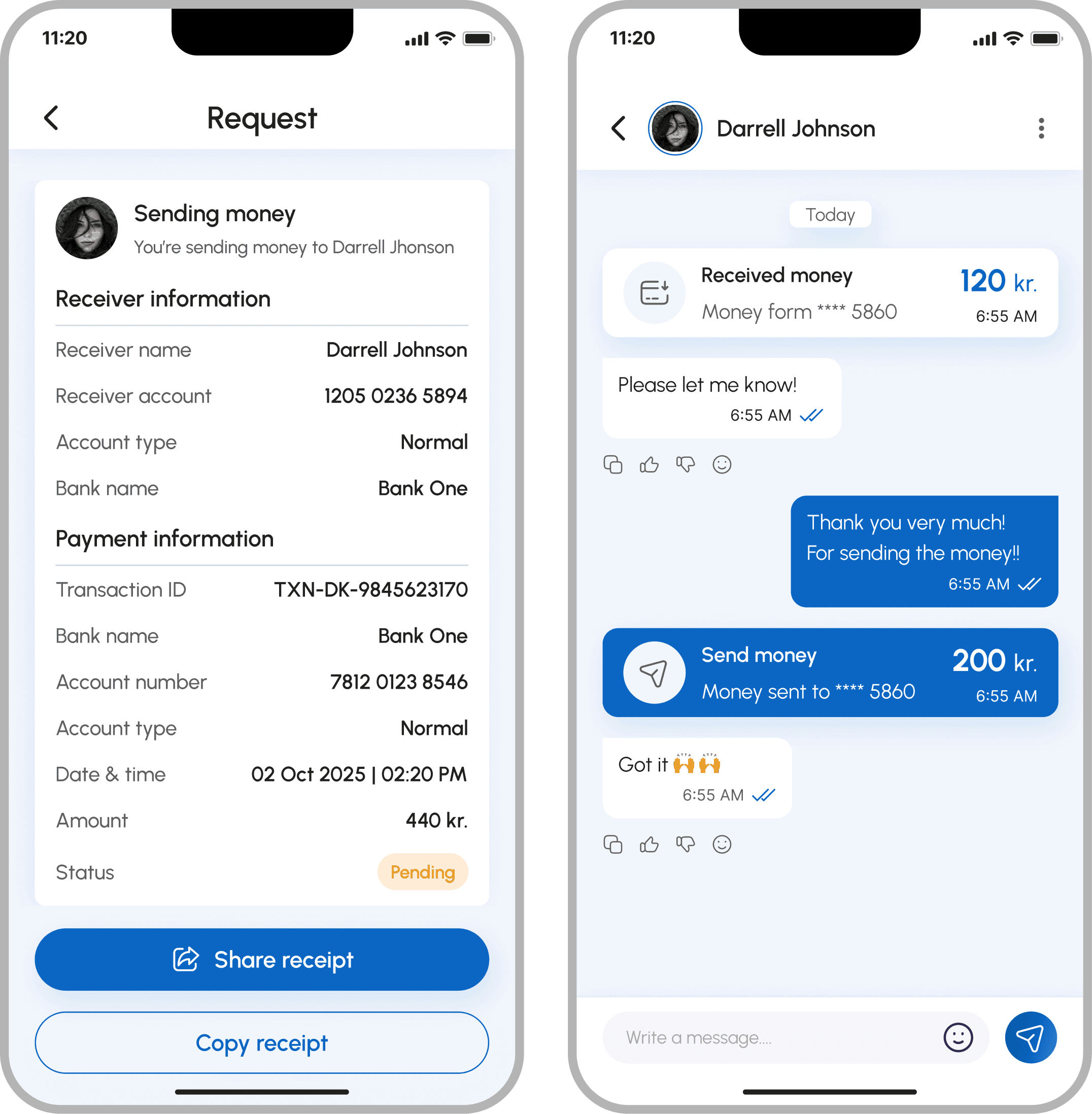 FePay multi-bank payment app, payment receipt with full transaction detail and post-payment chat confirmation