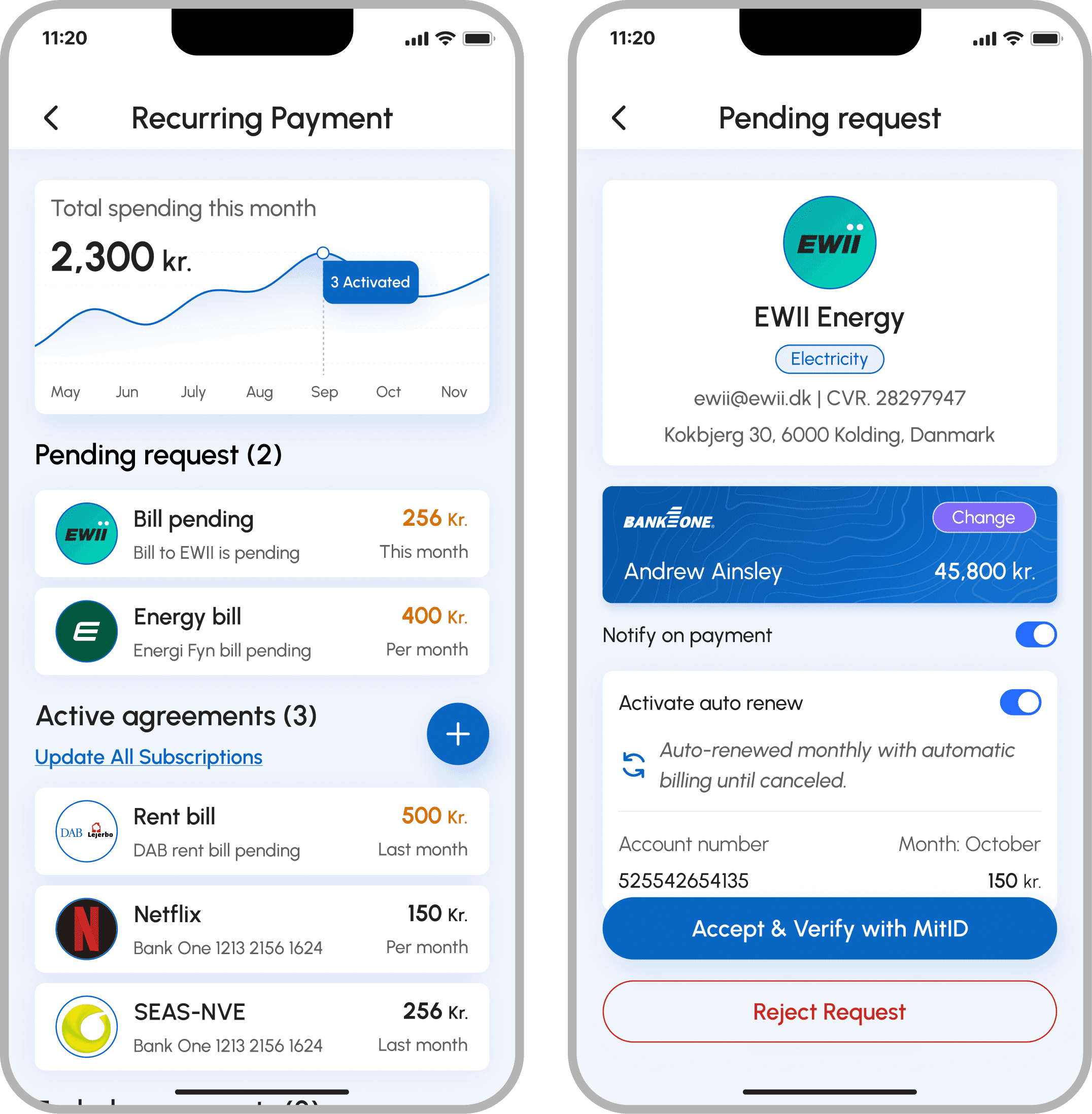 FePay multi-bank payment app, Recurring payments dashboard with pending requests, active agreements, and pending request detail