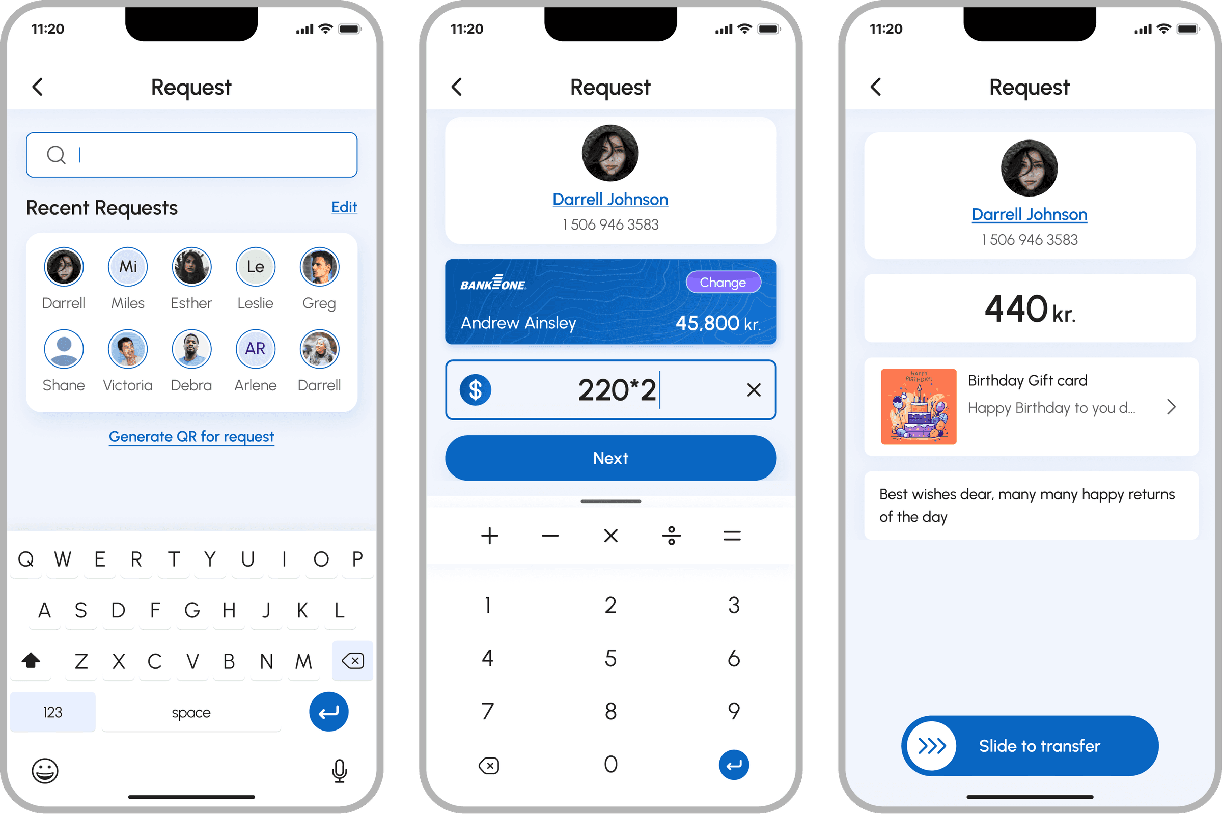 FePay multi-bank payment app, Request money flow with recent contacts, amount keypad, and birthday gift card