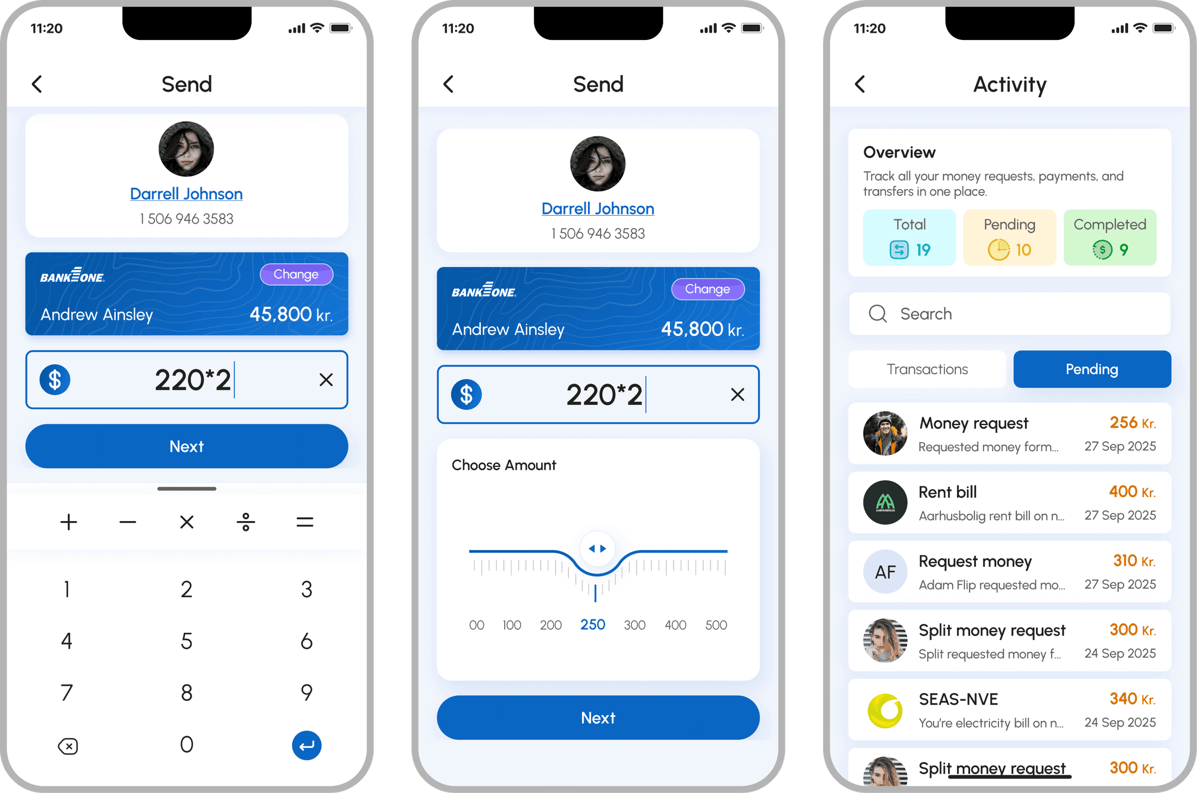 FePay multi-bank payment app, Send money flow with contact, amount entry, and Activity overview