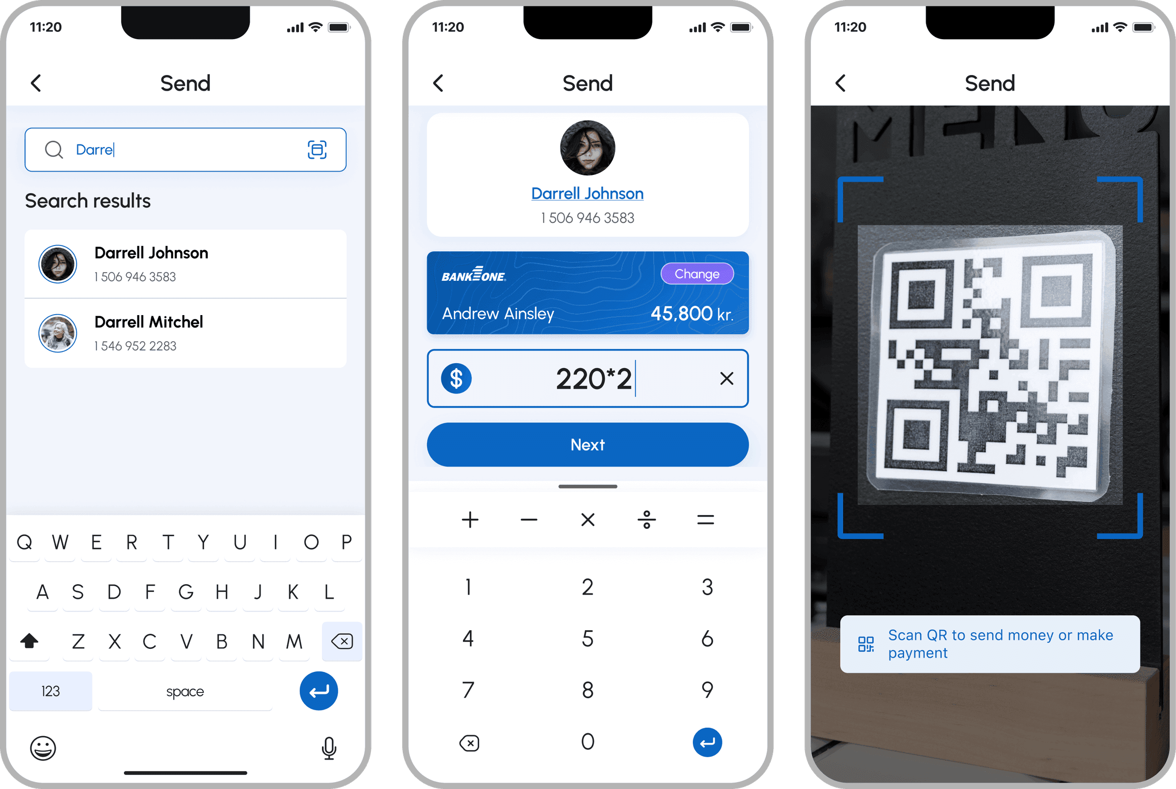 FePay multi-bank payment app, Send money flow with search results, amount entry, and QR scan