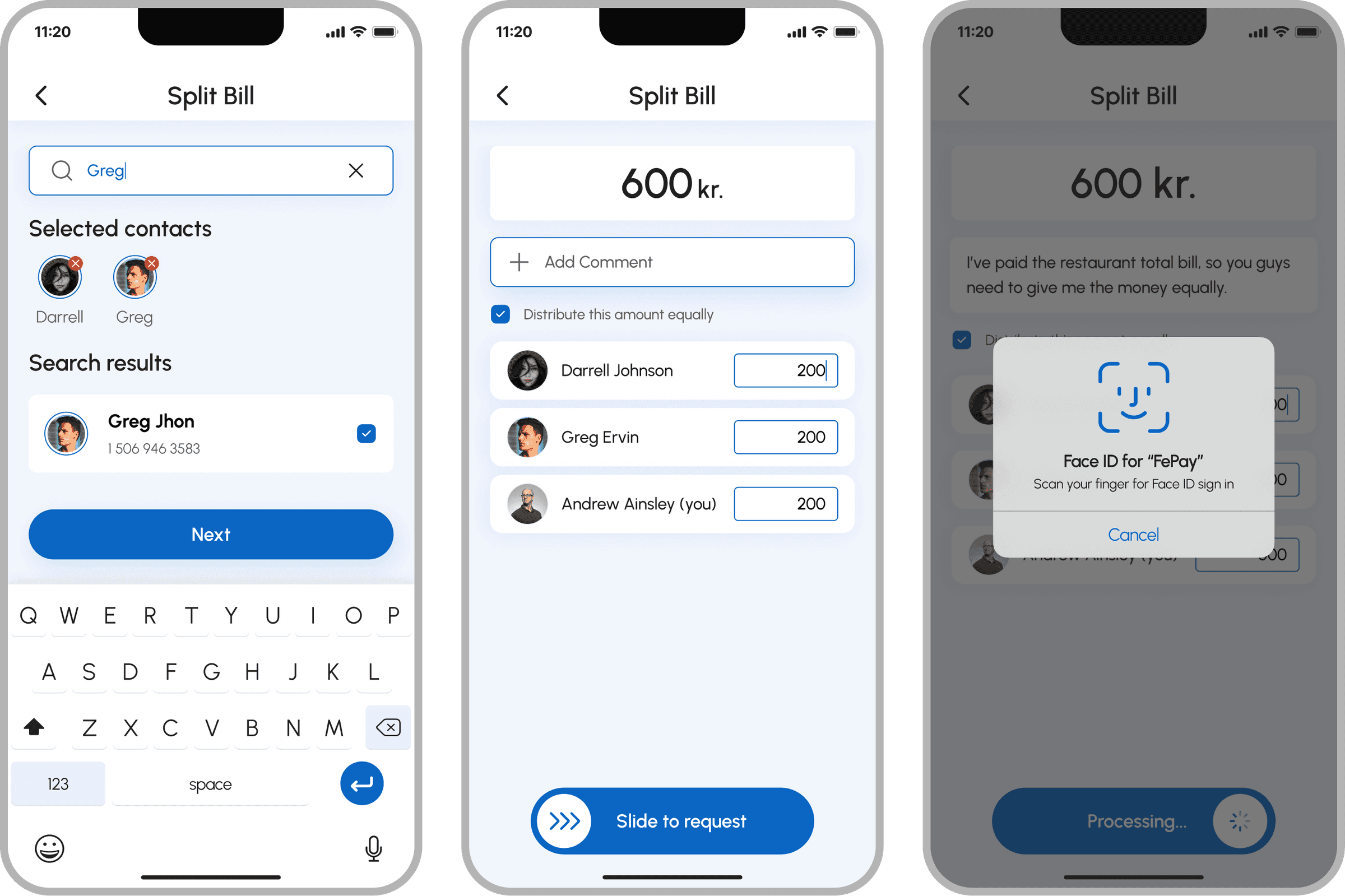 FePay multi-bank payment app, Split bill with comment, distribute equally toggle, and Face ID confirmation