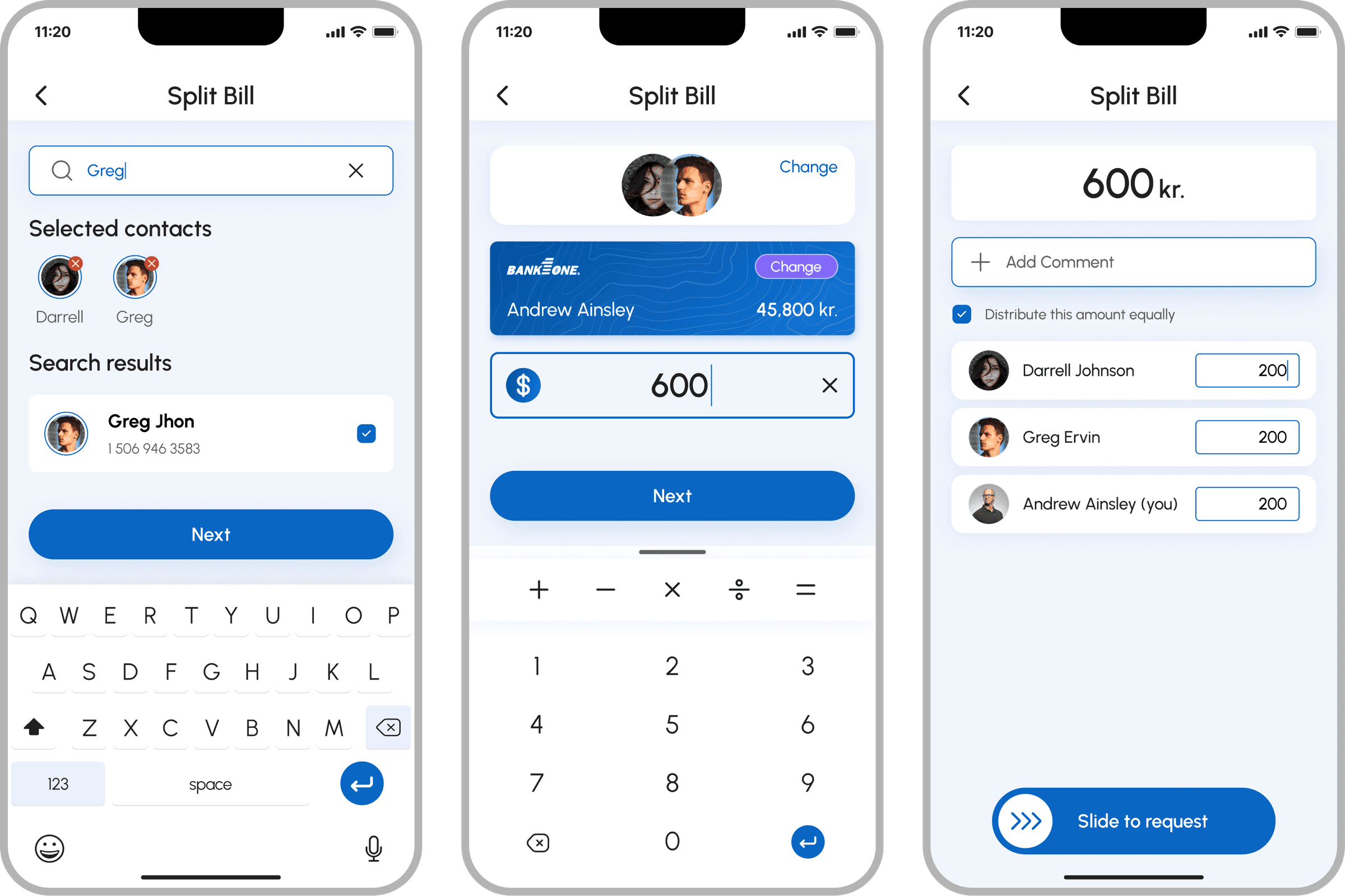 FePay multi-bank payment app, Split bill flow with contact multi-select, amount entry, and individual amounts
