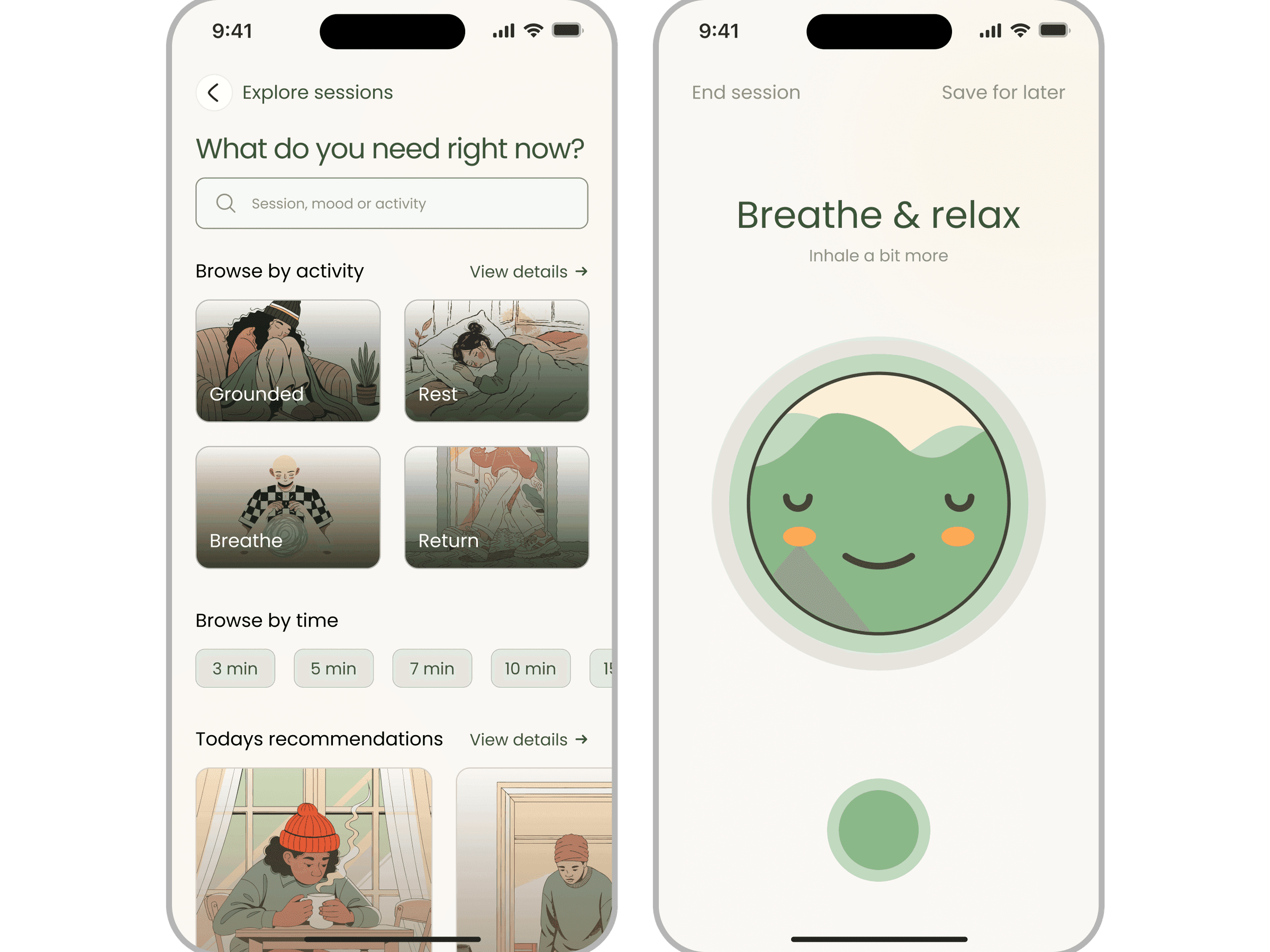 Haven meditation app, Explore Sessions with Browse by activity, Browse by time, and the Breathe & relax breathing-orb screen