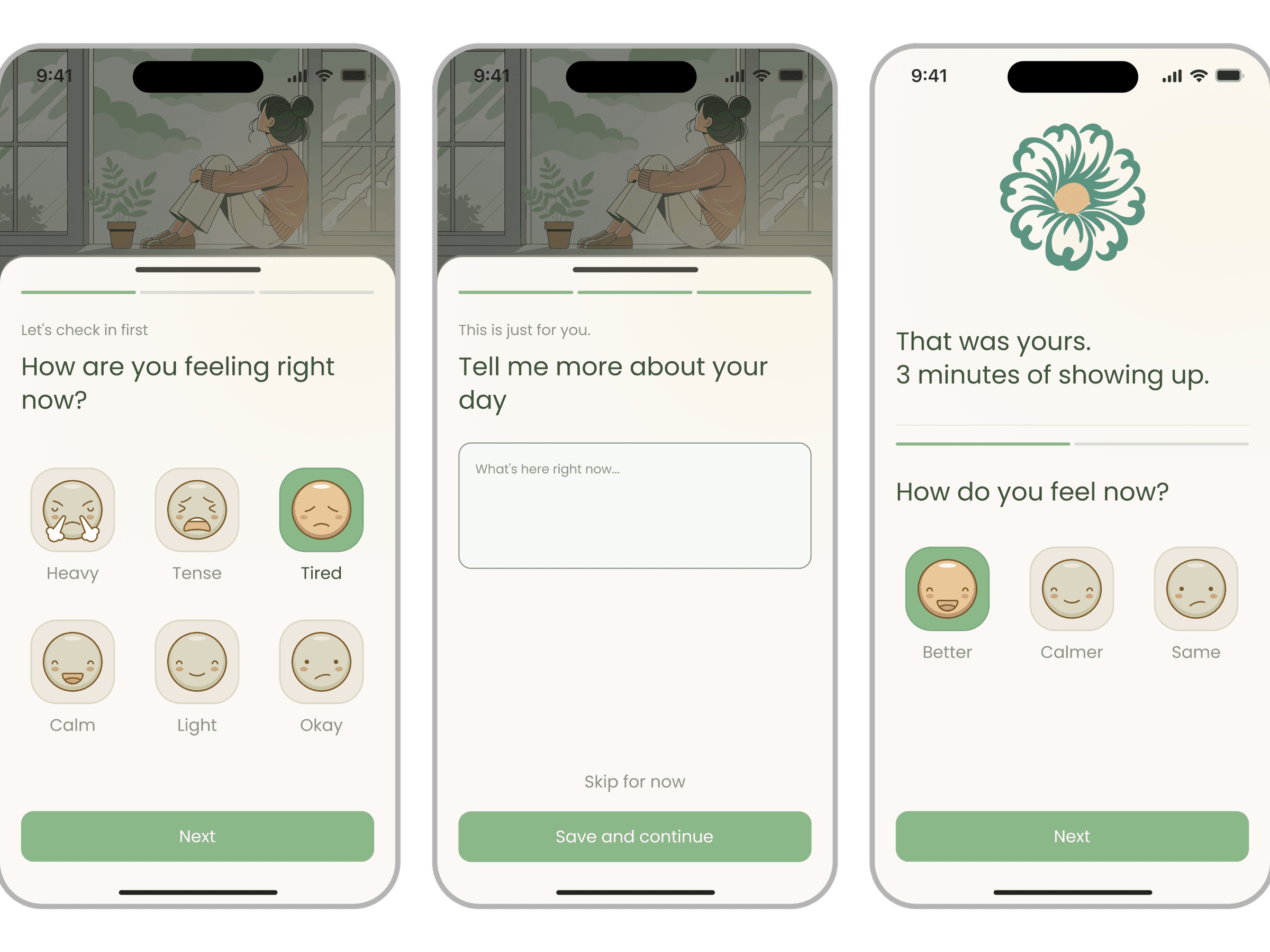 Haven meditation app, mood check-in flow with How are you feeling right now emoji scale, optional journal entry, and How do you feel now post-session screen