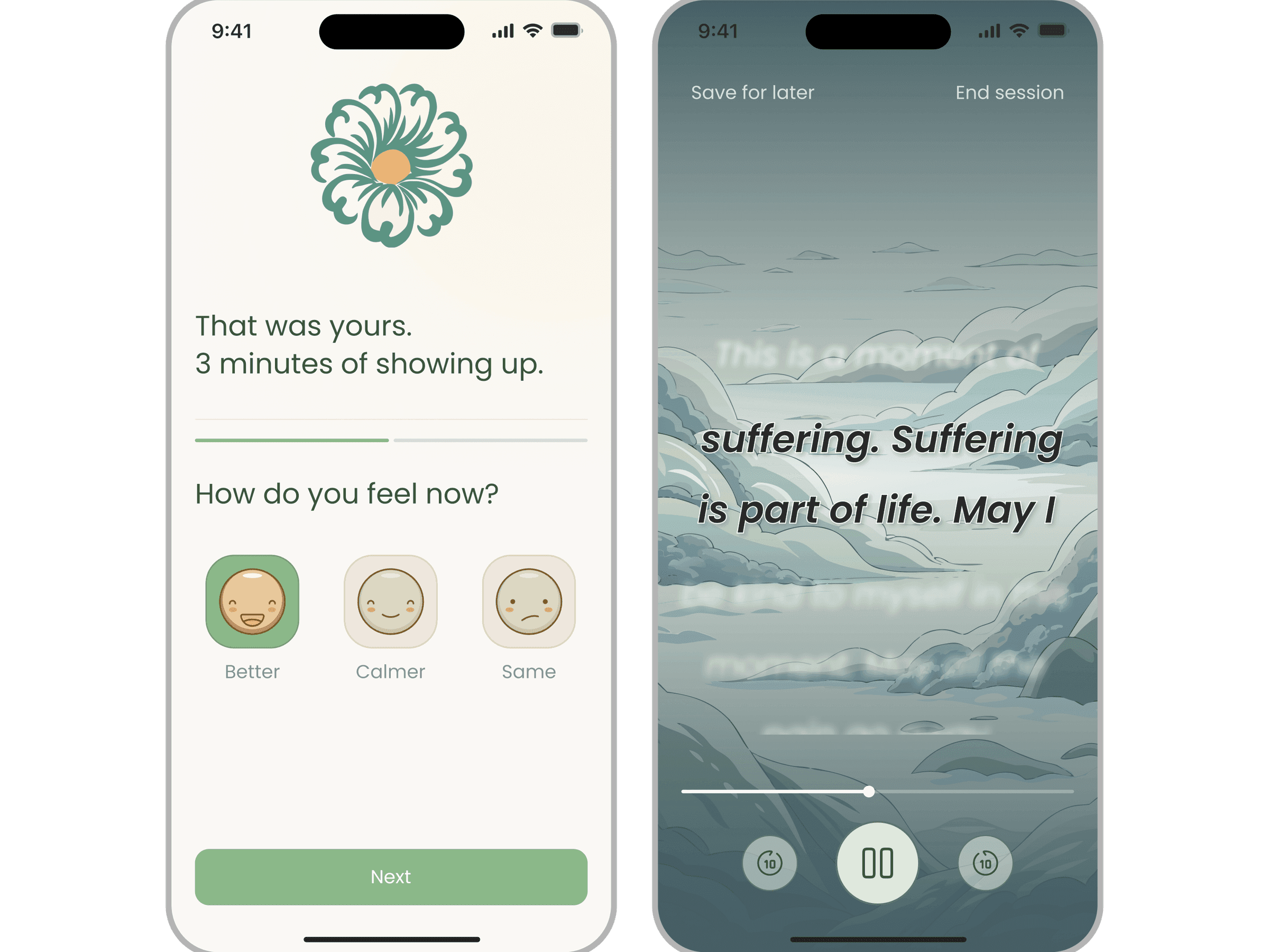 Haven meditation app, mood check-out screen and active session player with Save for Later as the only exit