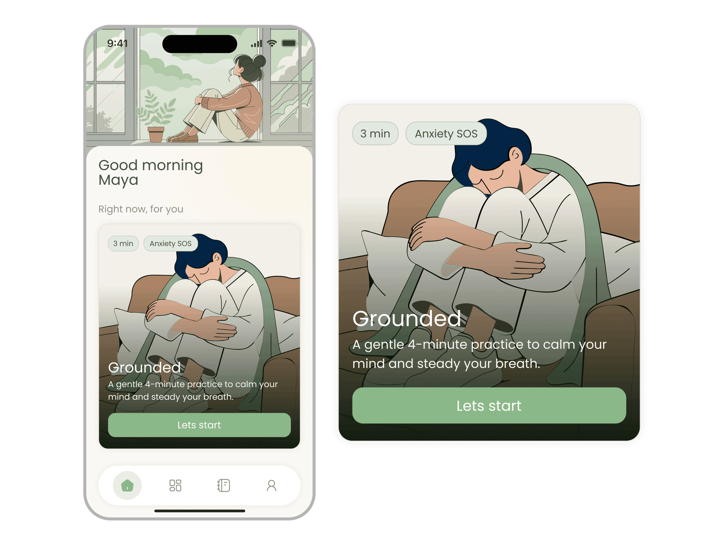Haven mental-health mobile app, Right Now card with Good morning Maya greeting, Grounded session, breathing prompt, and Lets start CTA