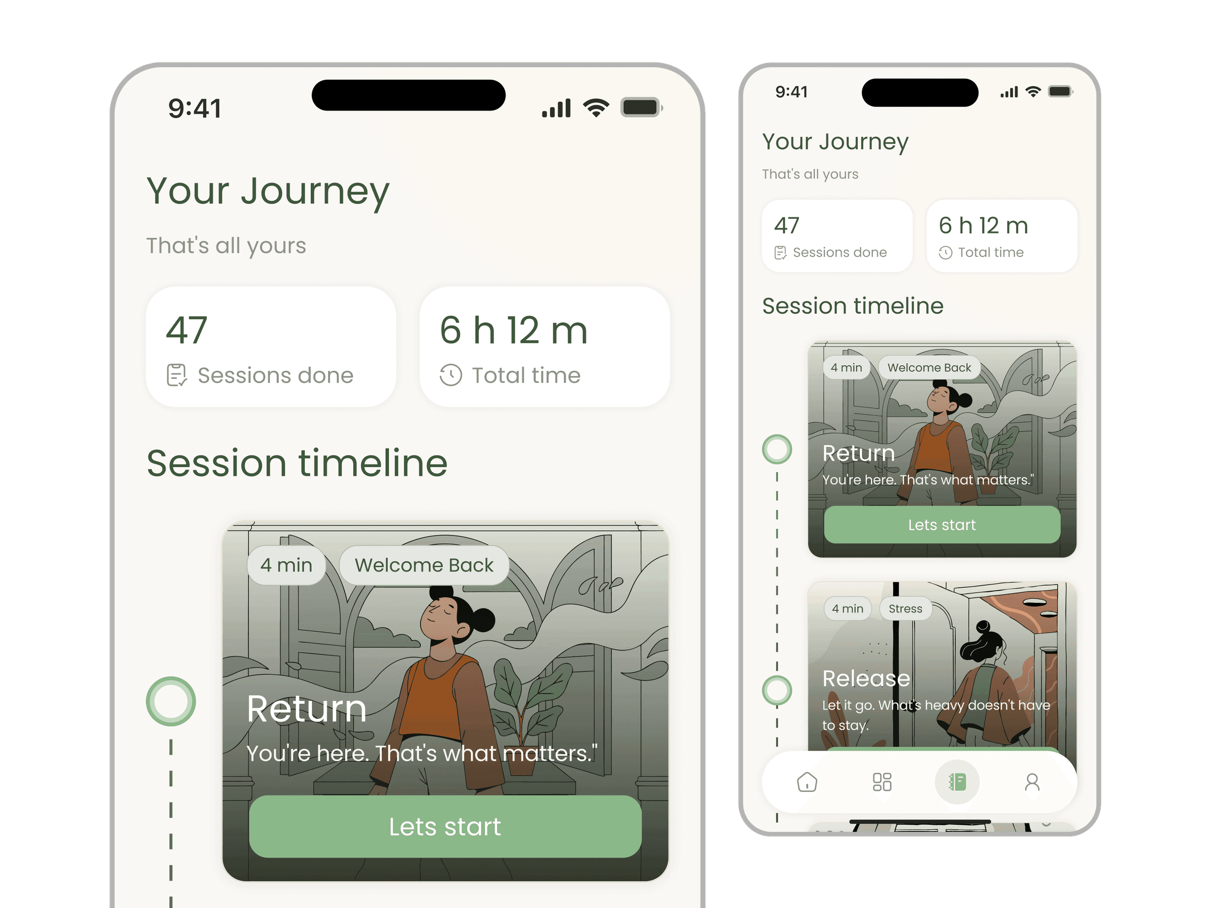 Haven wellbeing app, Journey Timeline screens with rest days, welcome-back cards, and a no-streak-reset session history