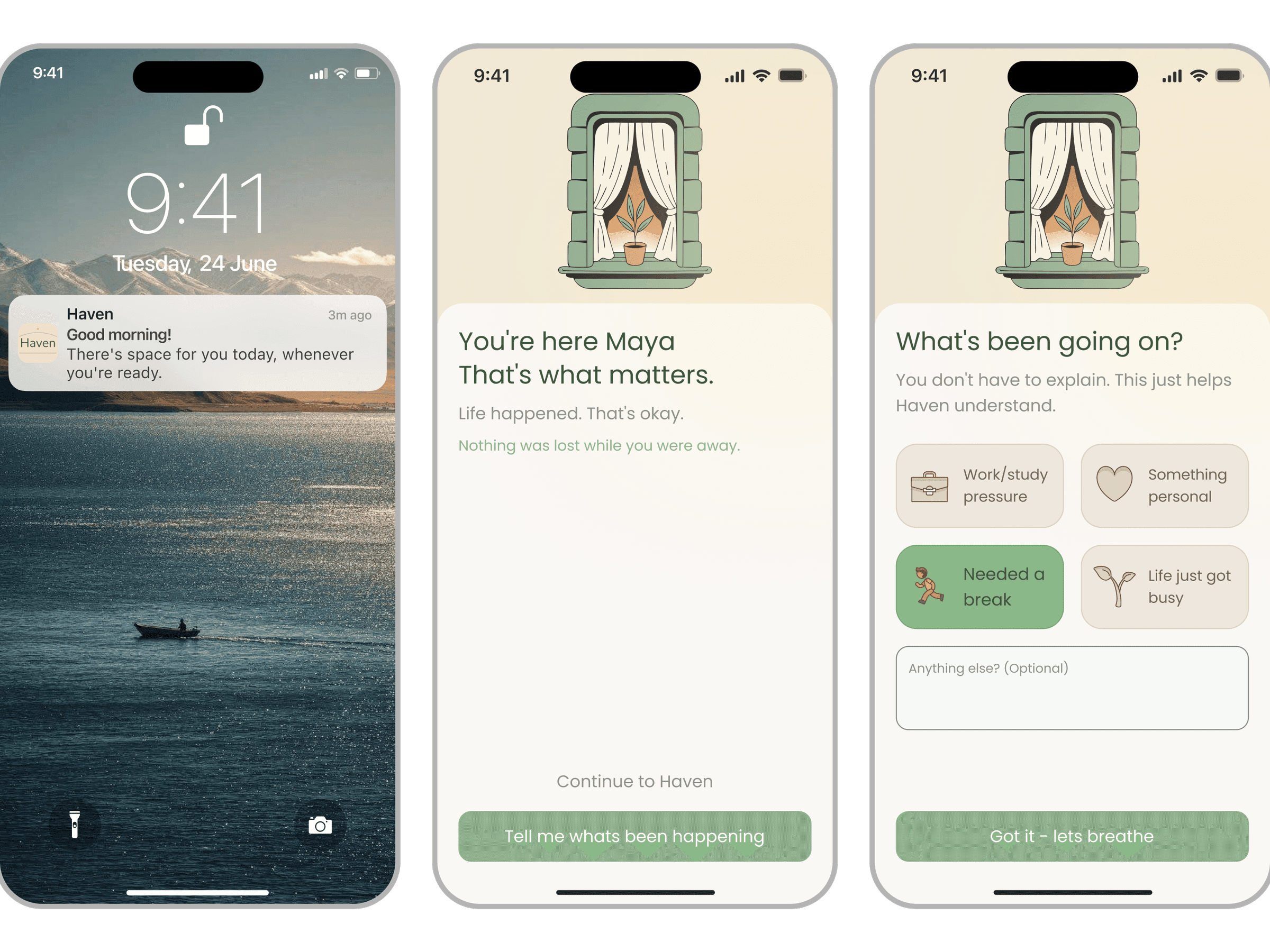 Haven wellbeing app, iOS lock-screen welcome-back notification followed by the You're here Maya and What's been going on context screens