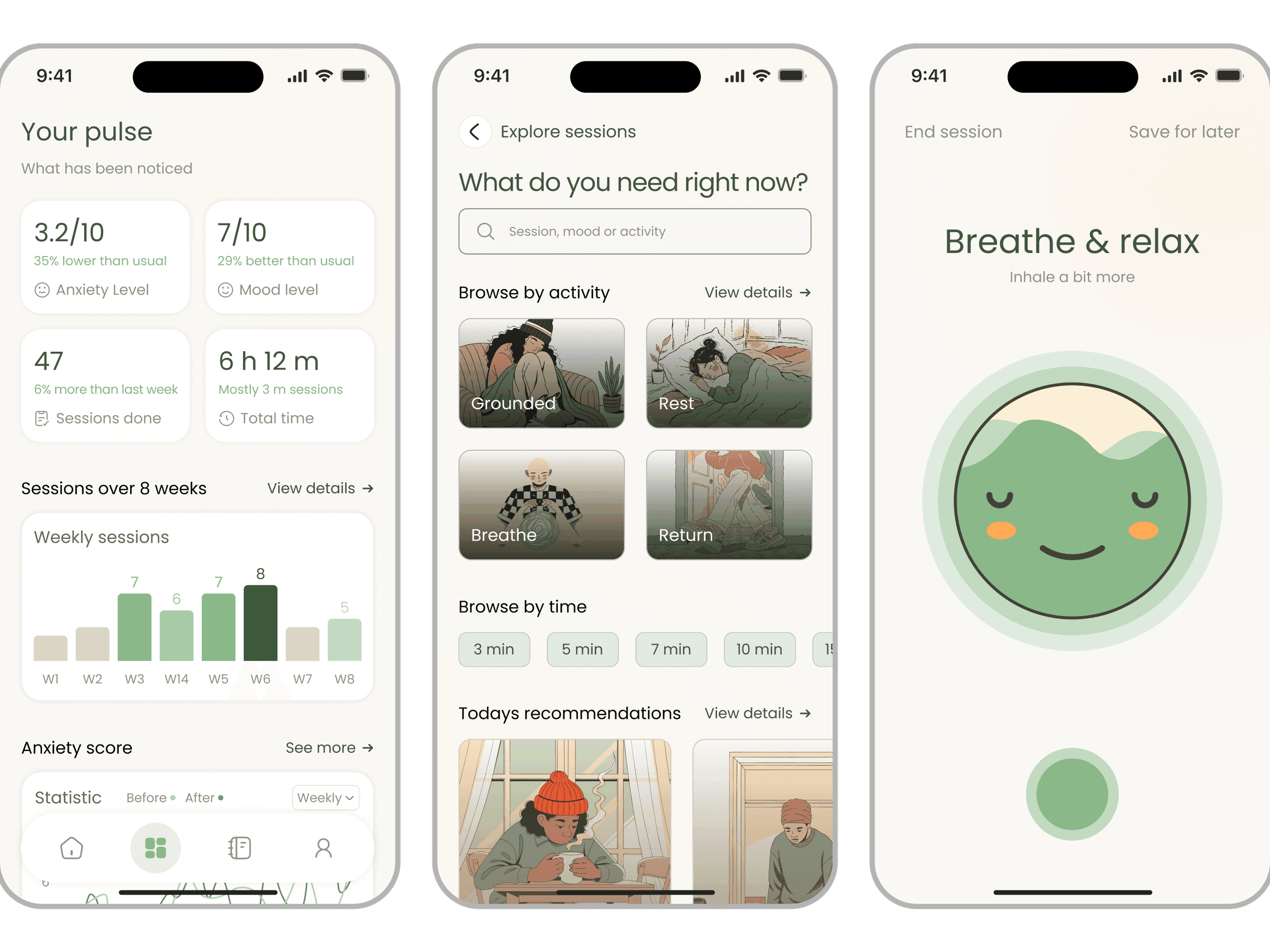 Haven wellbeing app, Pulse dashboard with anxiety level, mood level, weekly sessions chart, Explore Sessions browse, and Breathe & relax orb