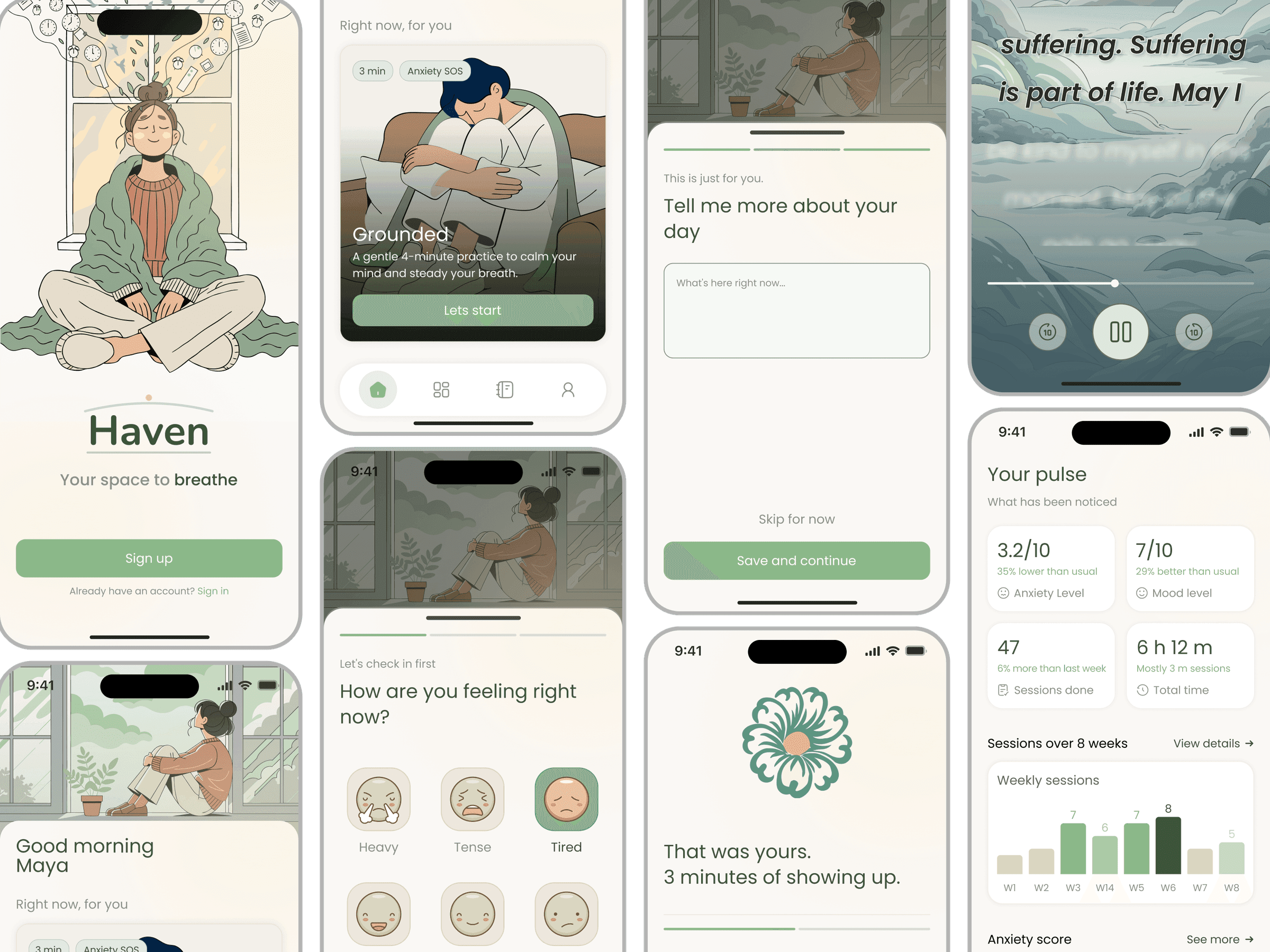 Haven wellbeing and mental-health mobile app, design system screens collage spanning onboarding, home, session, mood check-ins, and Pulse