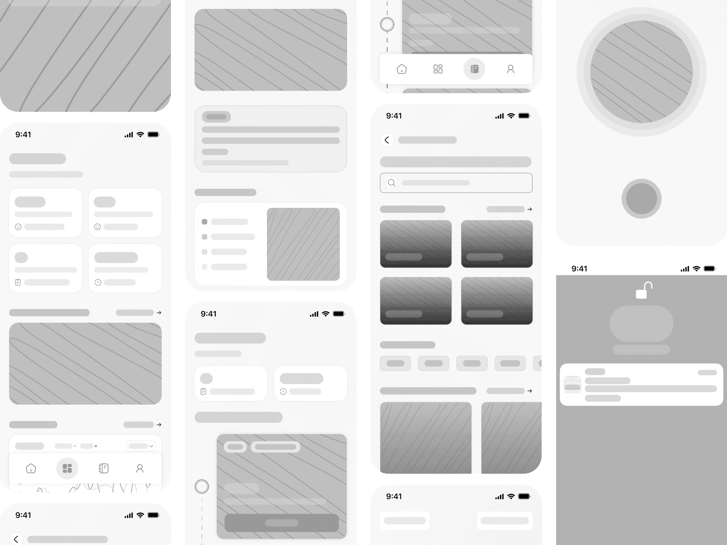 Haven wellbeing mobile app, low-fidelity grayscale wireframes spanning home, session, dashboard, and profile flows