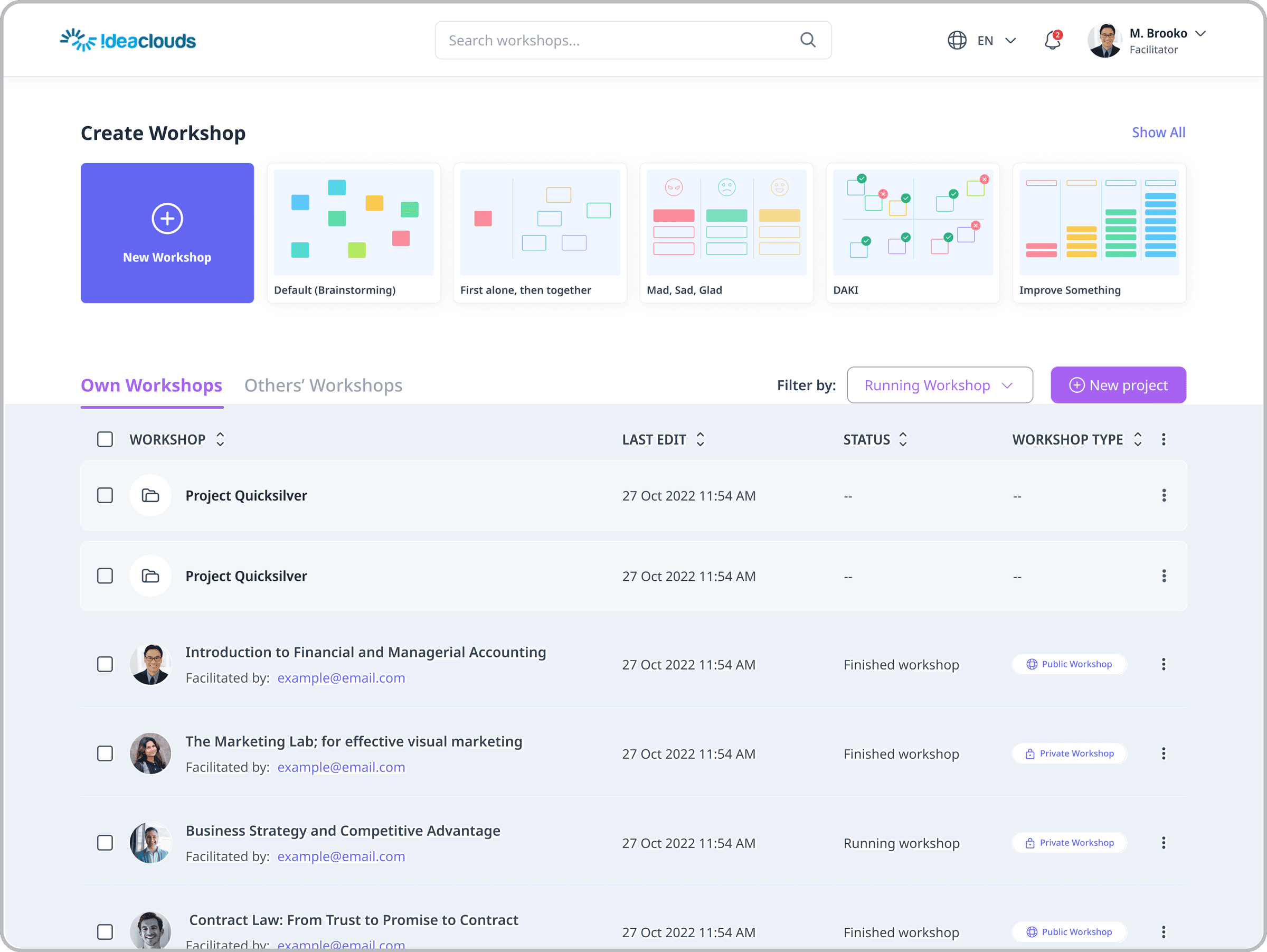 Ideaclouds enterprise workshop SaaS, create-workshop dashboard with method templates and Own Workshops list