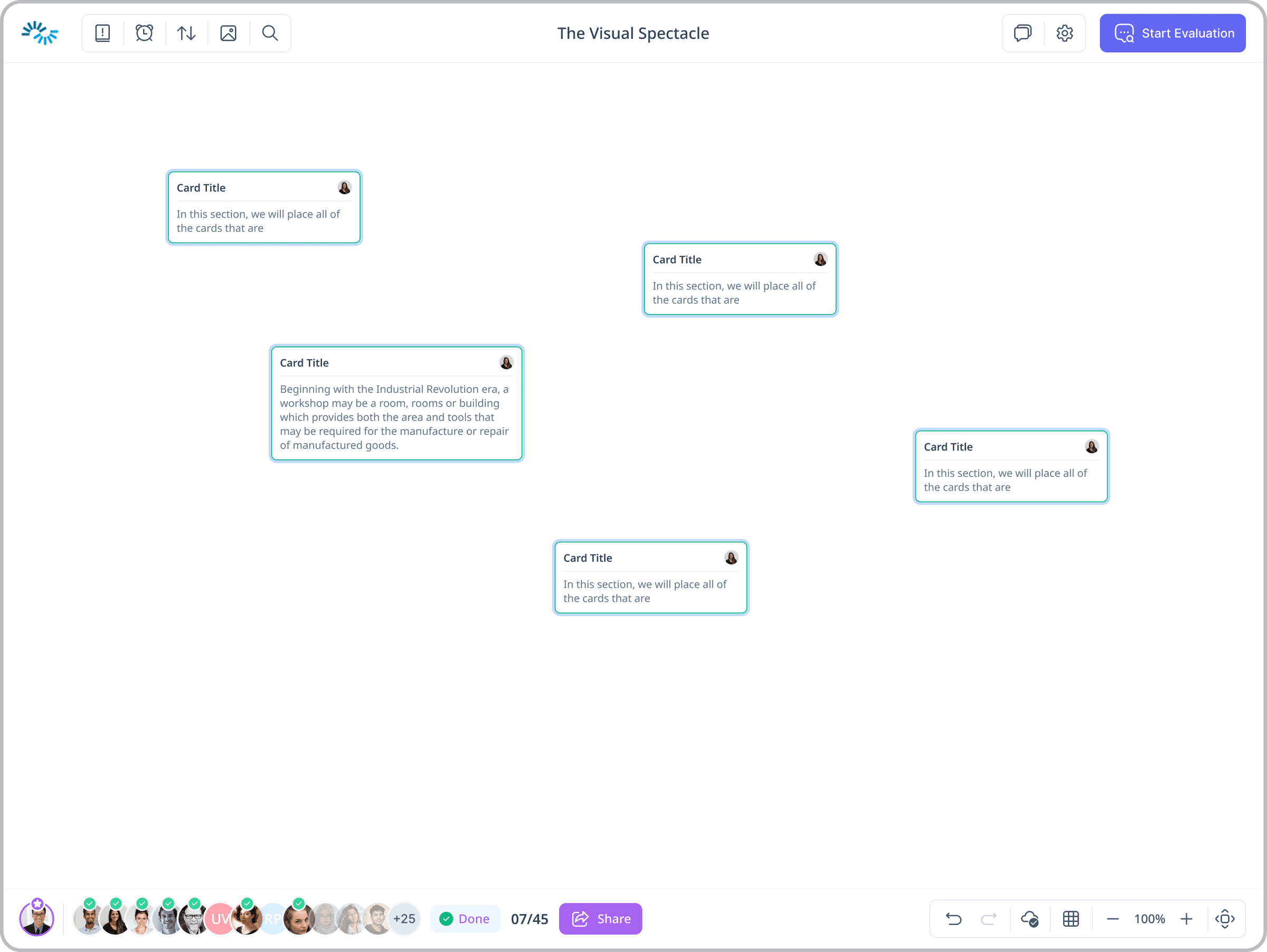 Ideaclouds workshop SaaS, Visual Spectacle collaborative canvas with floating contributor cards