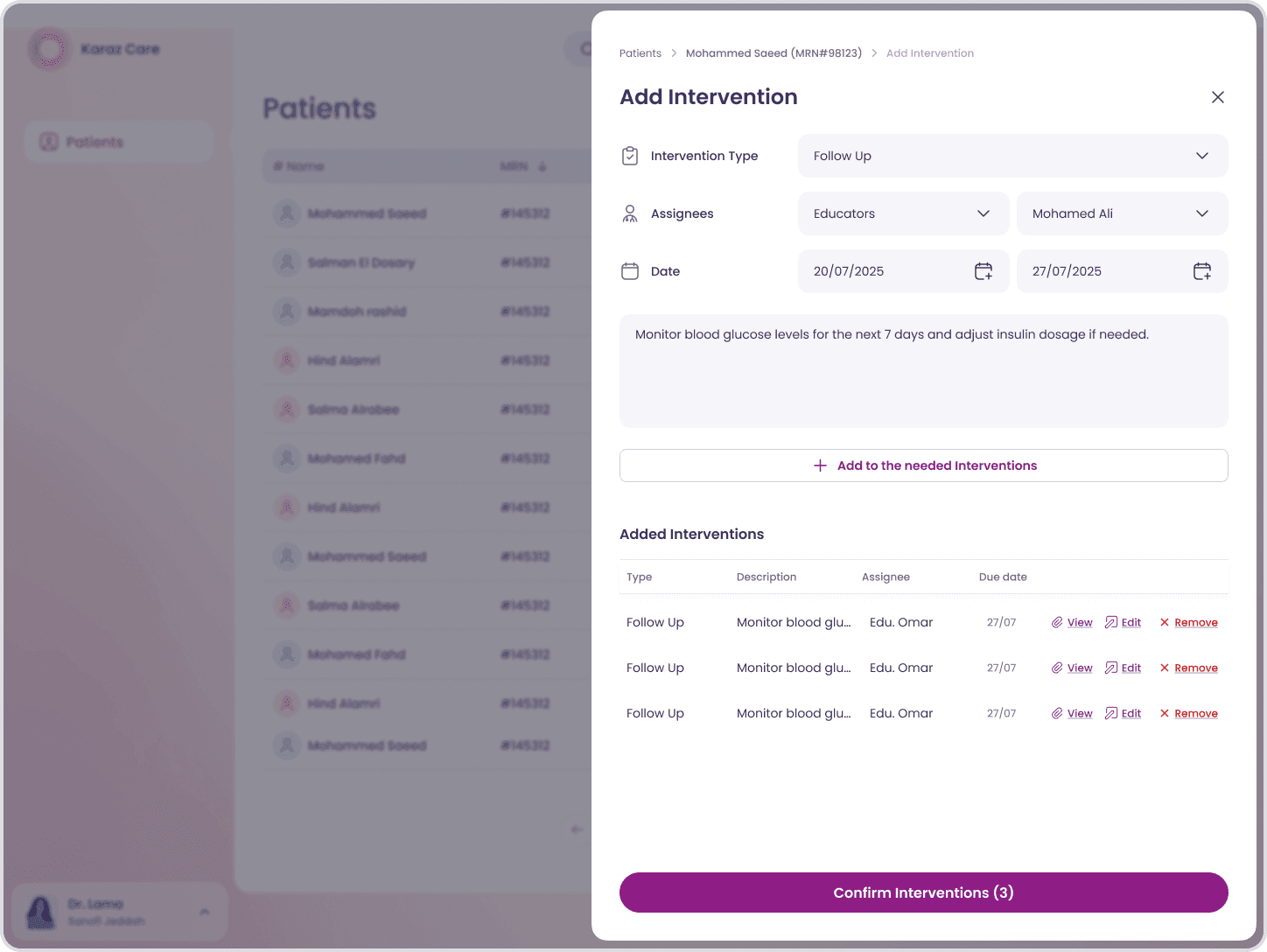 Karaz Health clinician web app, add intervention modal