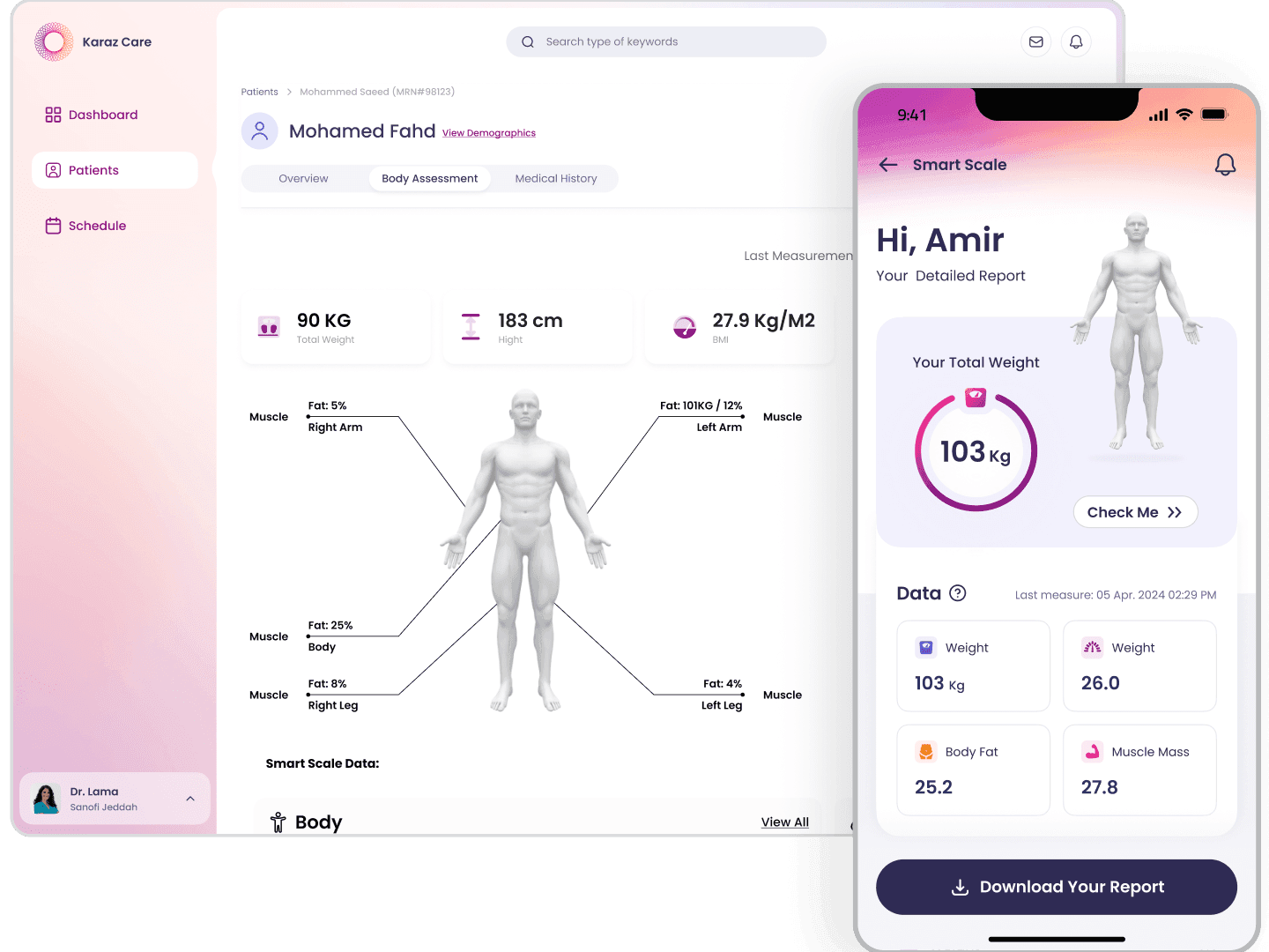 Karaz Health, clinician web dashboard alongside the patient mobile smart-scale app